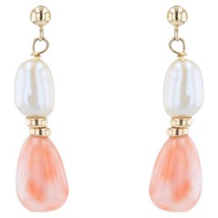 Modern Baroque Pearl Coral Glass Yellow Gold Dangle Earrings