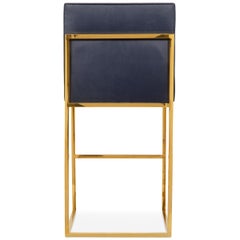 Modern Barstool in Brass and Navy Genuine Leather with Channel Tufted Back
