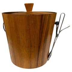 Modern Barware Walnut Wood Ice Bucket Set Stainless Steel Tongs 1960s Japan