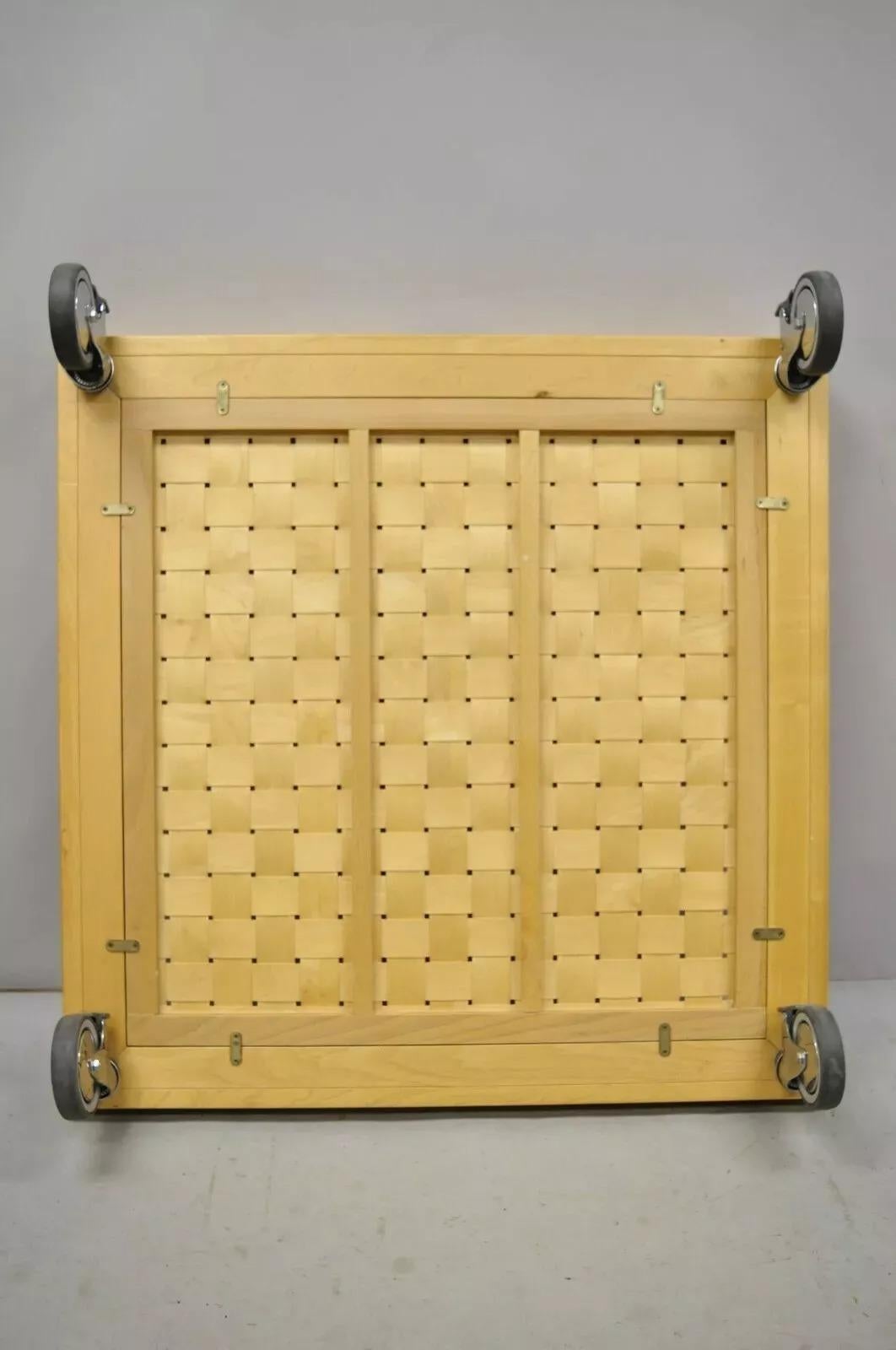 Modern Basketweave Factory Cart Coffee Table on Wheels with Glass Display Top For Sale 6