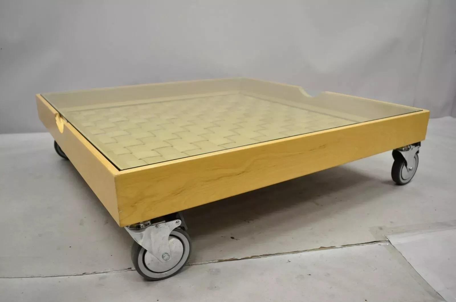 Modern Basketweave Factory Cart Coffee Table on Wheels with Glass Display Top For Sale 7