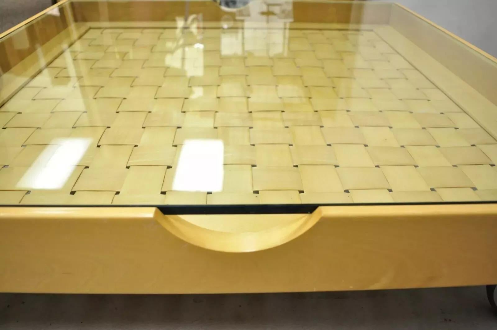 Unknown Modern Basketweave Factory Cart Coffee Table on Wheels with Glass Display Top For Sale