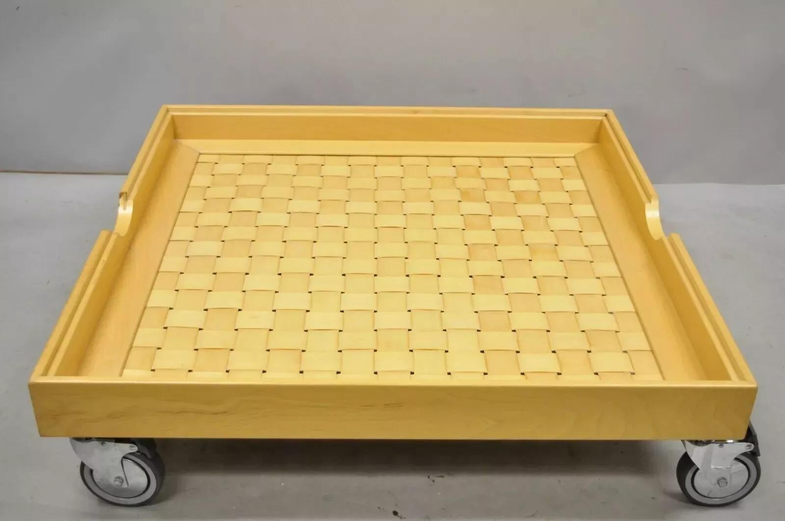 Modern Basketweave Factory Cart Coffee Table on Wheels with Glass Display Top In Good Condition For Sale In Philadelphia, PA