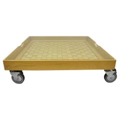 Modern Basketweave Factory Cart Coffee Table on Wheels with Glass Display Top