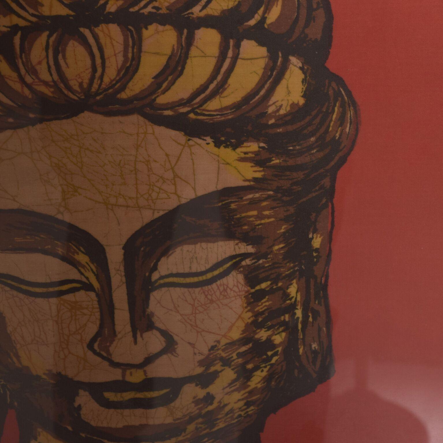 Modern Chinese Batik Art Buddha Head in Red and Gold  3