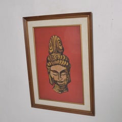 Moderner chinesischer Batik-Kunst-Buddha-Kopf in Rot und Gold