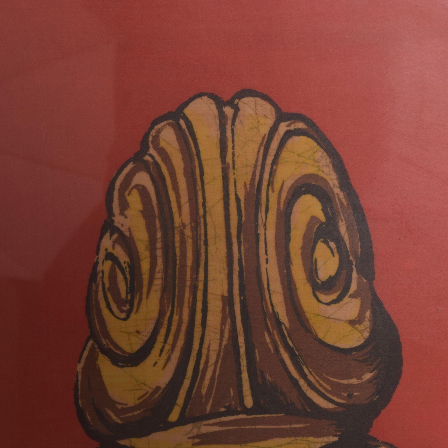 Mid-20th Century Modern Chinese Batik Art Buddha Head in Red and Gold 