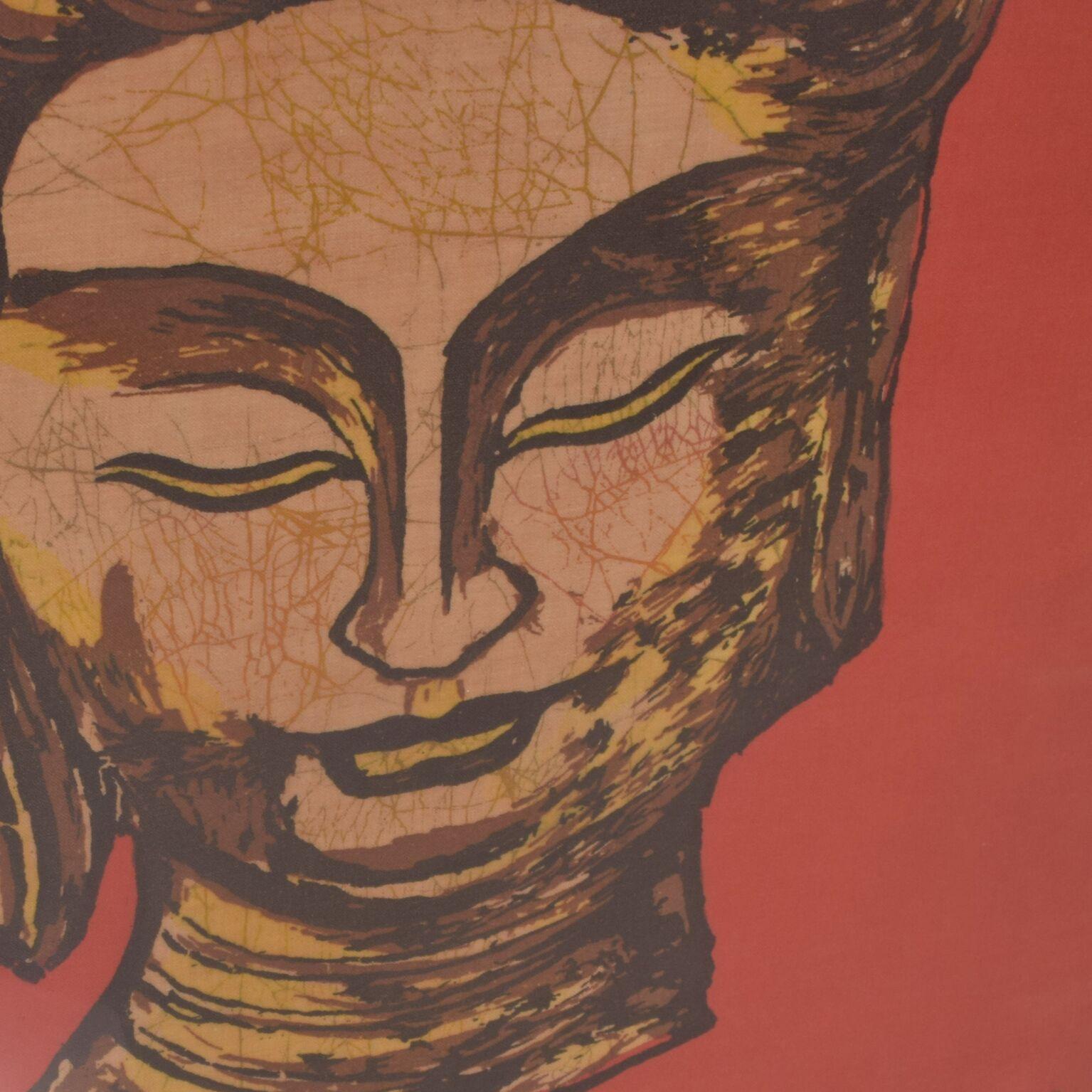 Fabric Modern Chinese Batik Art Buddha Head in Red and Gold 