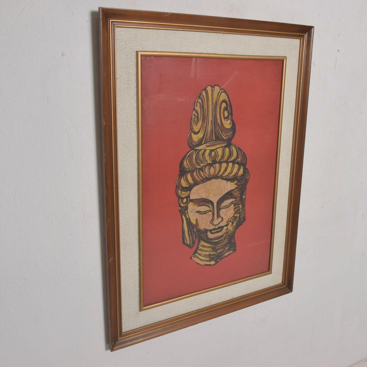 Modern Chinese Batik Art Buddha Head in Red and Gold  2