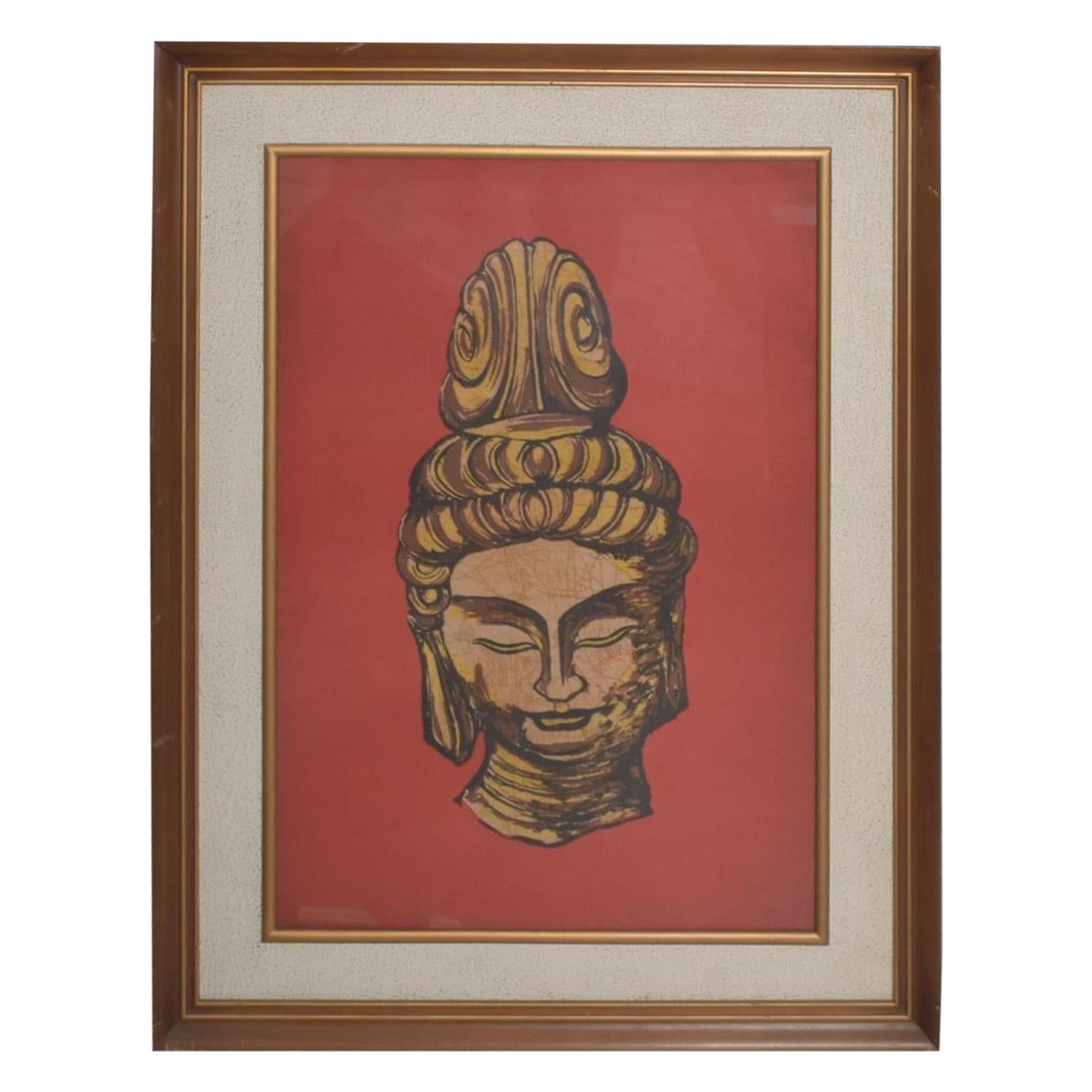 Modern Chinese Batik Art Buddha Head in Red and Gold 