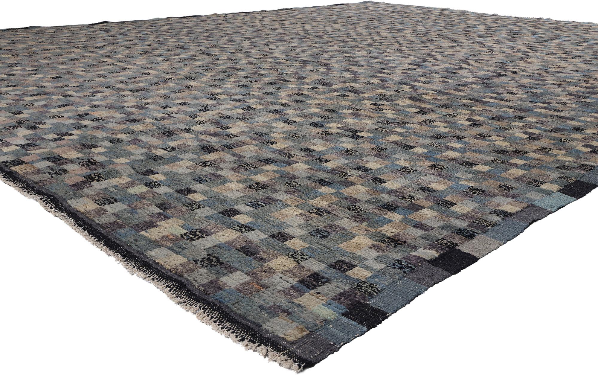 81053 Modern Bauhaus Checkered Moroccan Rug, 12'02 x 15'00. Enter a realm where the collision of artistic movements and the metamorphosis of cultural heritage conjure an atmosphere of dark elegance in this hand-knotted wool Modern Moroccan rug. This