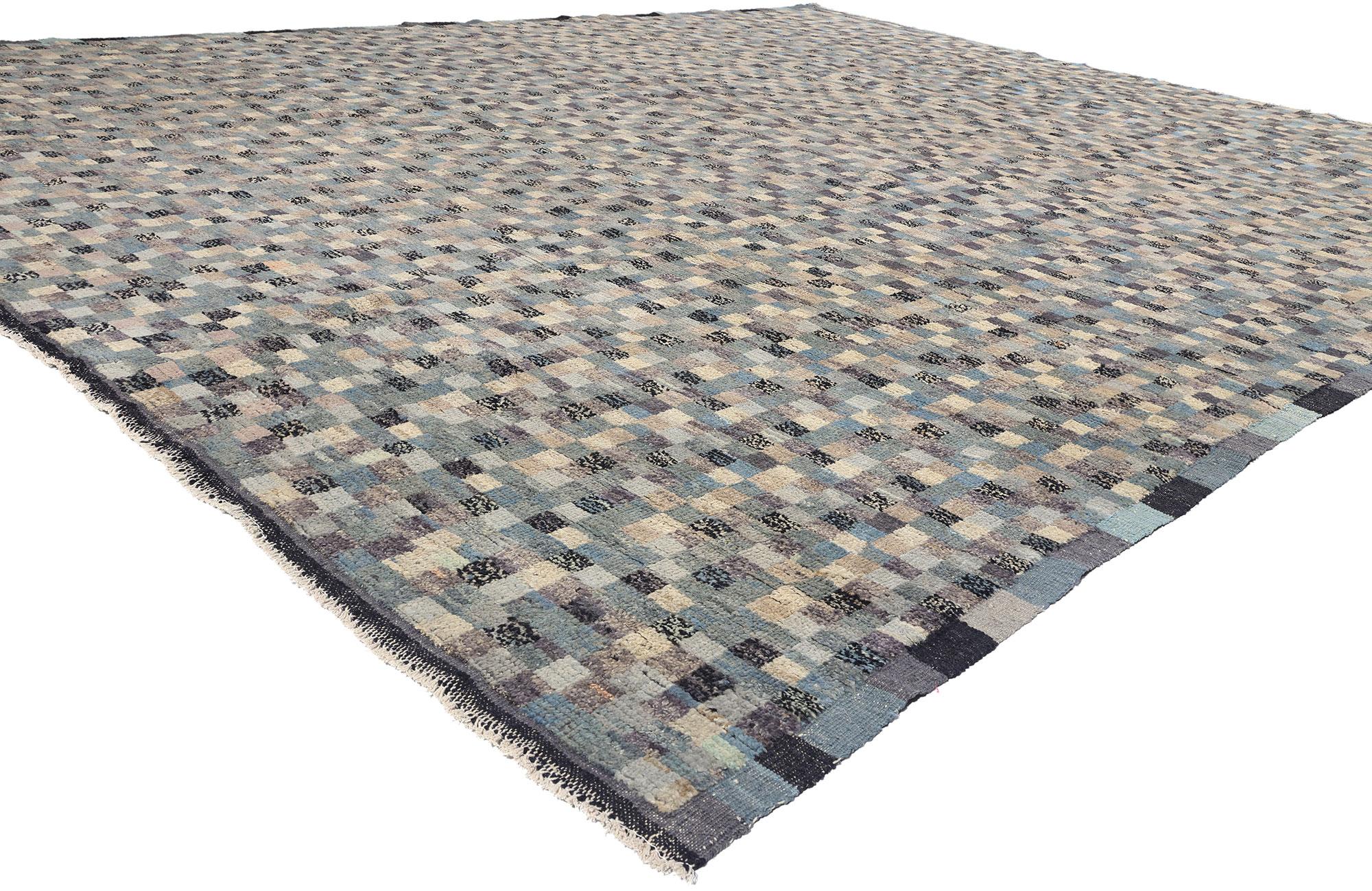 81053 Modern Bauhaus Checkered Moroccan Rug, 12'02 x 15'00. Enter a realm where the collision of artistic movements and the metamorphosis of cultural heritage conjure an atmosphere of dark elegance in this hand-knotted wool Modern Moroccan rug. This