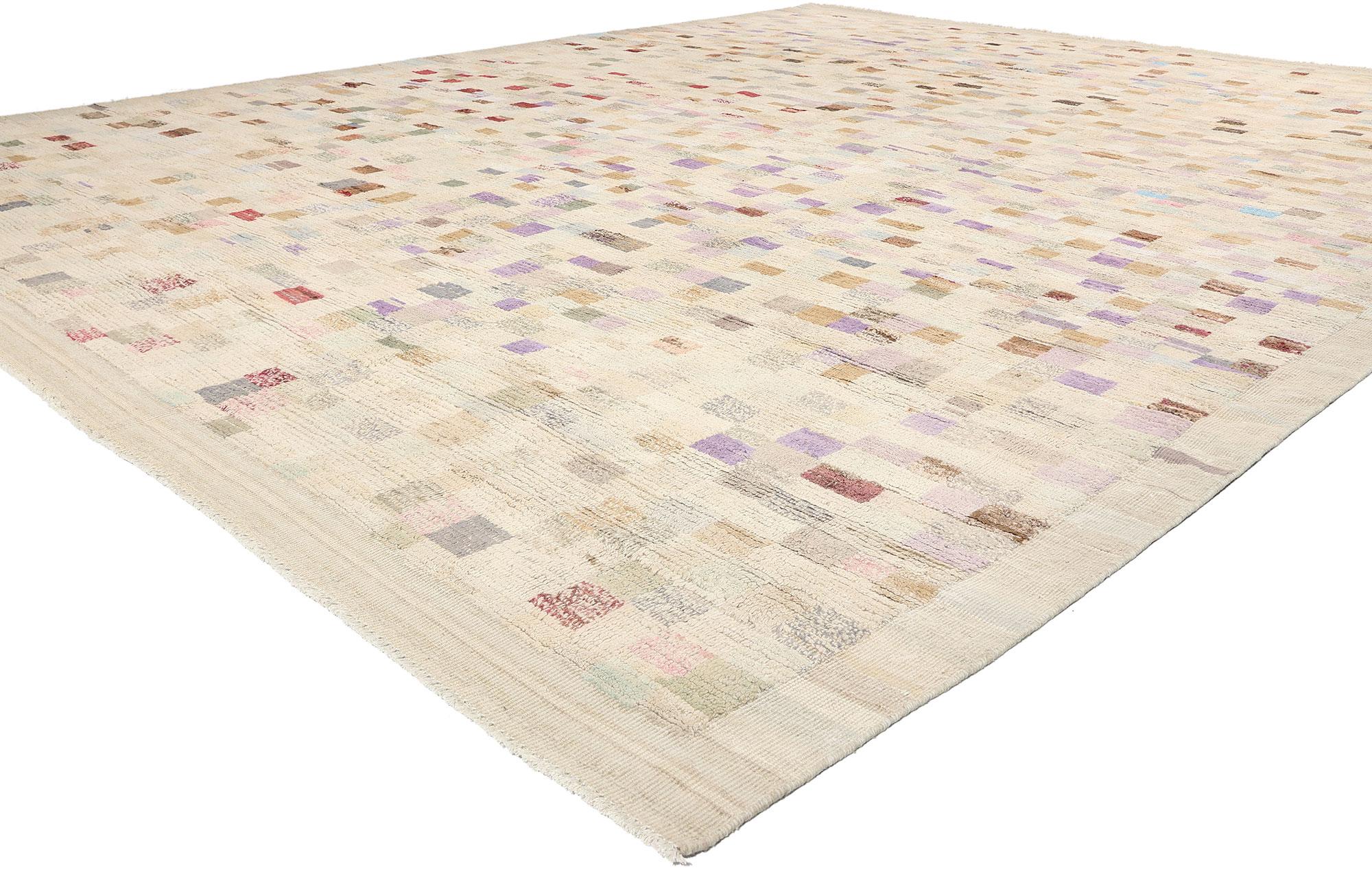 81092 Tapis mosaïque marocain moderne, 12'00 x 14'10. Entrez dans un monde où les mouvements artistiques s'entrechoquent et où l'héritage culturel prend des allures contemporaines avec notre exquis tapis mosaïque marocain moderne en laine nouée à la
