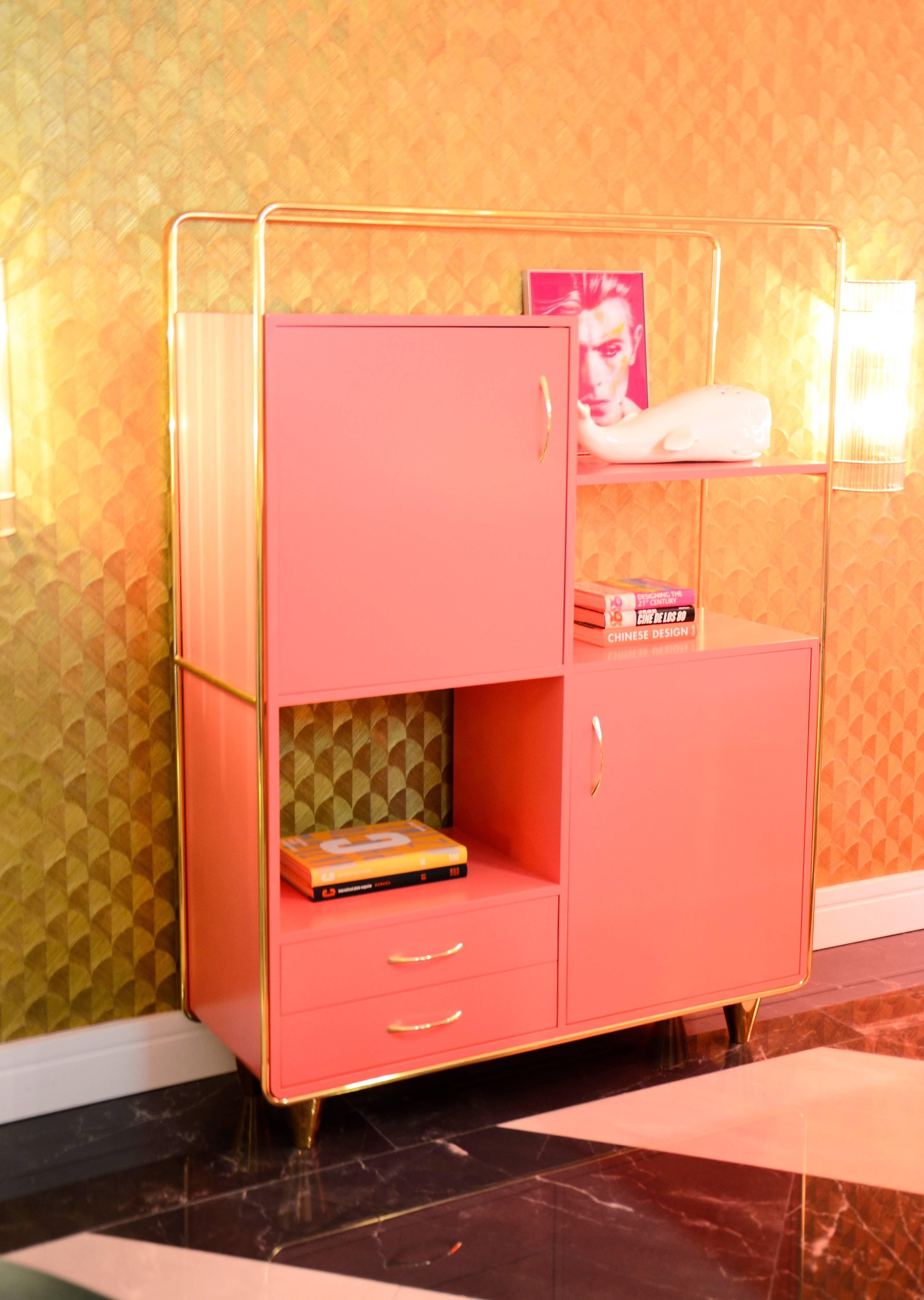 European Modern Bauhaus Style Pink & Brass Budapest Cabinet Handcrafted and Customizable For Sale