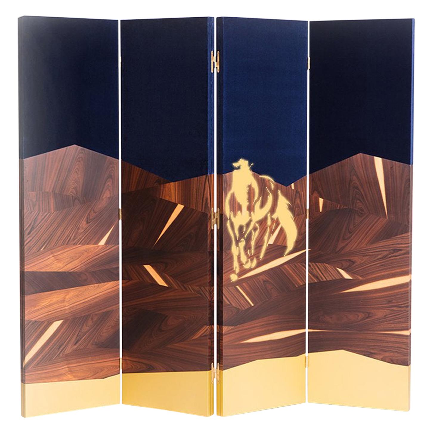 Modern Beautiful Folding Marquetry Screen, Palisander or Walnut Veneer, Brass For Sale