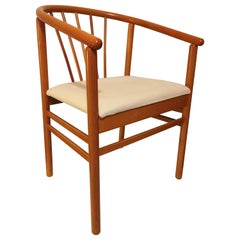 Mid century Modern Armchair Chair Curved Cherry wood Fabric Cream Color 1990s