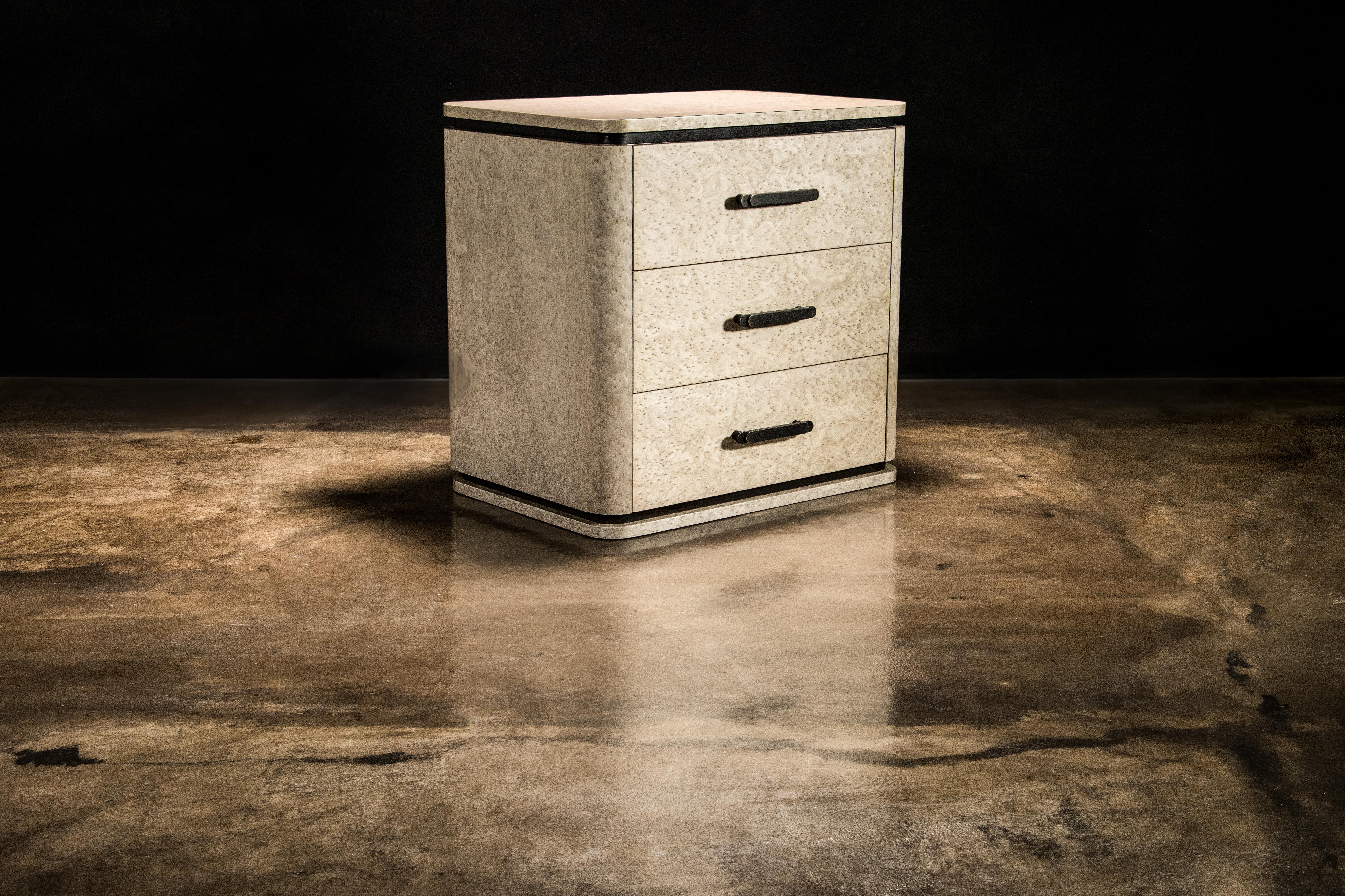 Elena Modern Bedside Table, shown in Gray Birdseye Maple & Bronze pulls from Costantini

Measurements are 25.5