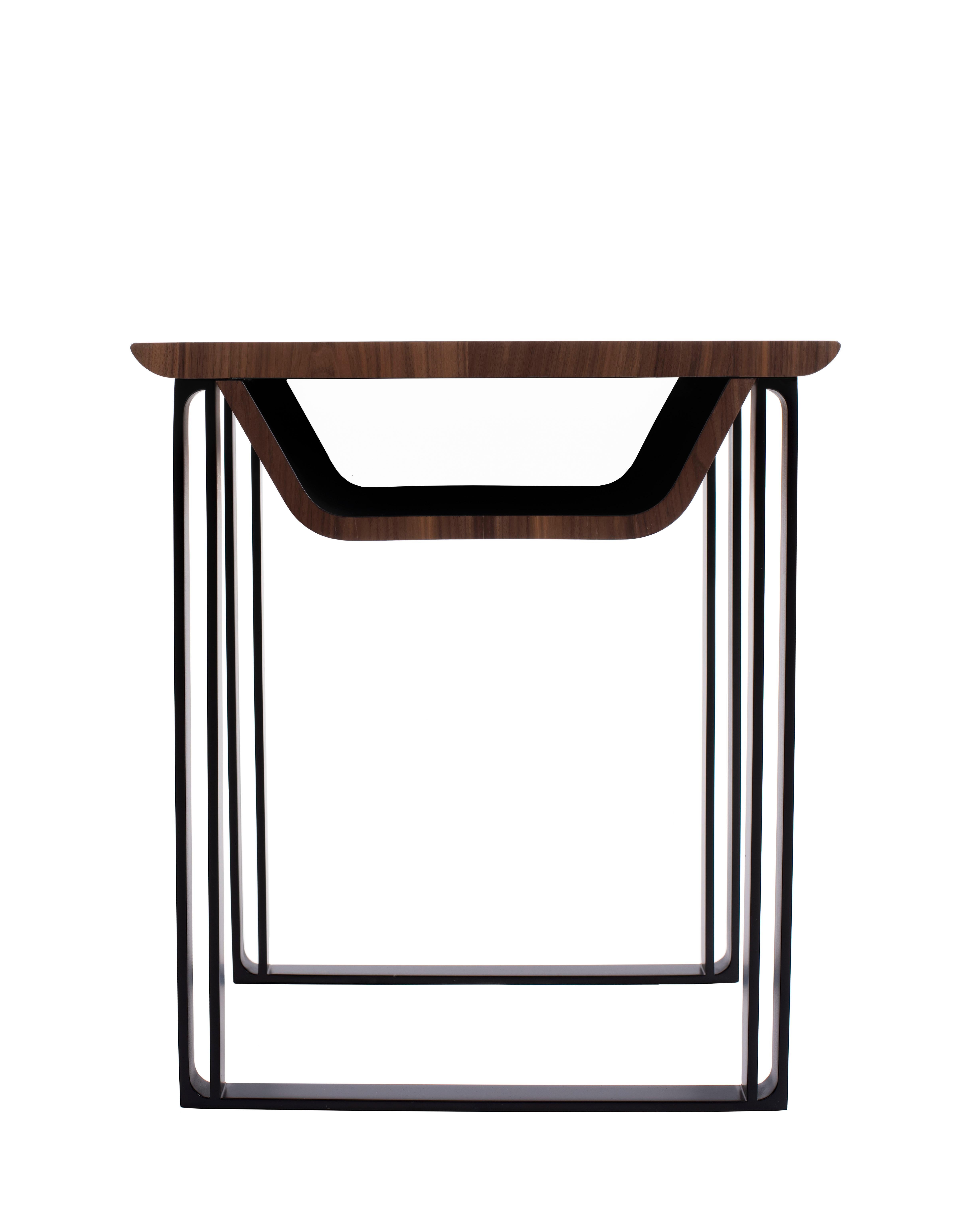 Modern Bedside table / side table hey hello wood and steel. The table top in mate Walnut. Mate finish interior Fenix (black). Base in black stainless steel mate.
This is the very first line created by Cyril Rumpler, founder of Softicated, with its