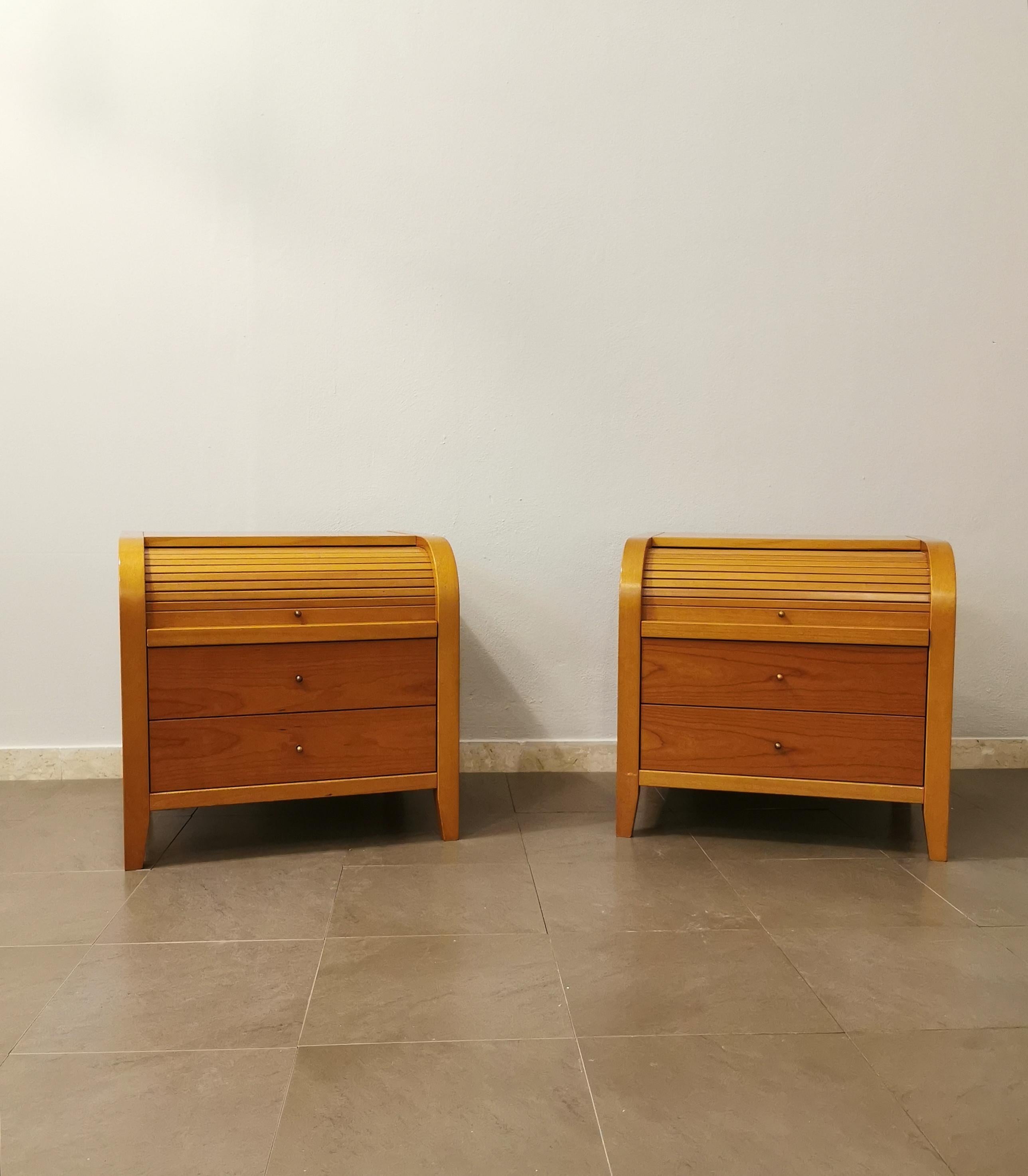 Late 20th Century Modern Bedside Tables Night Stands Cherry Wood Italian Design 1990s Set of 2