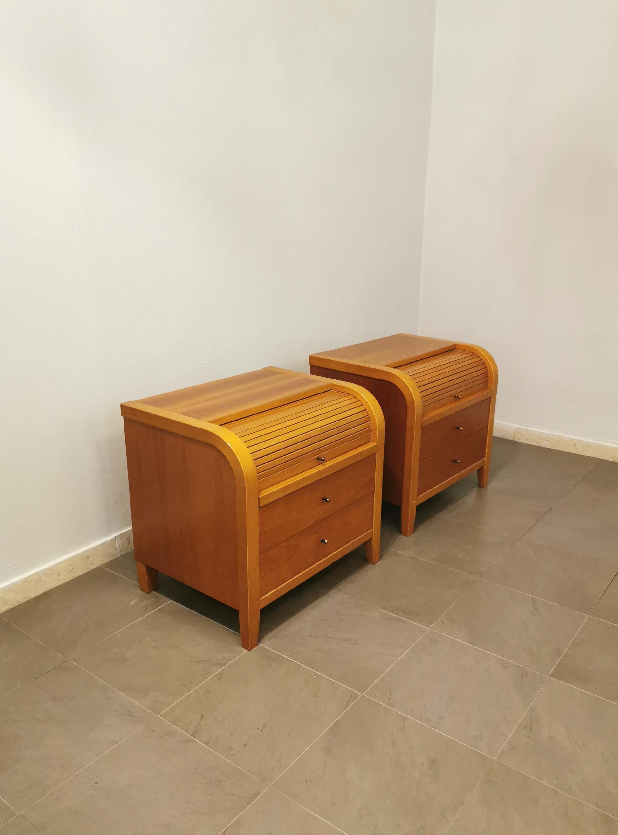 Brass Modern Bedside Tables Night Stands Cherry Wood Italian Design 1990s Set of 2