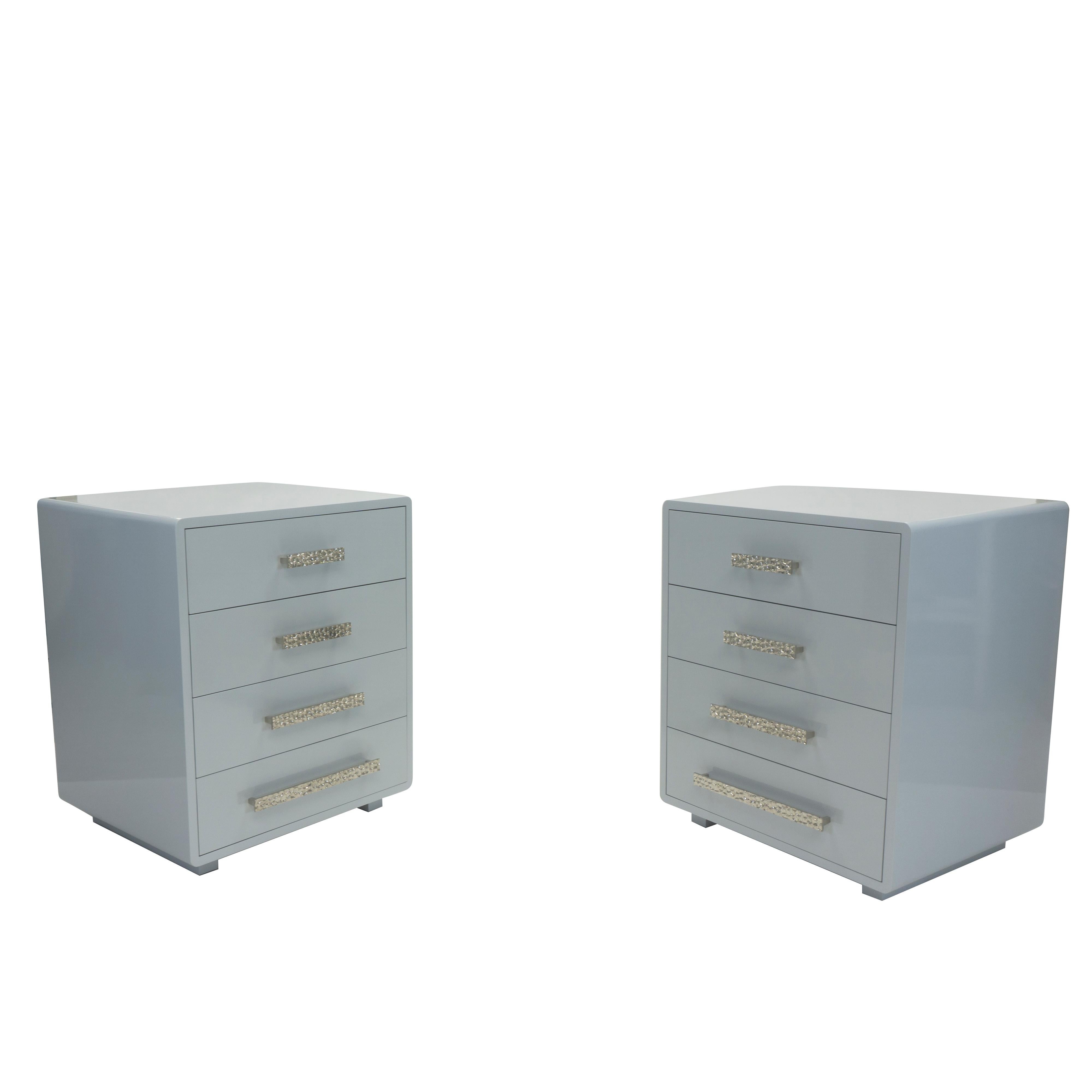 American Modern Bedside Tables with Four Drawers and Specialty Hardware For Sale