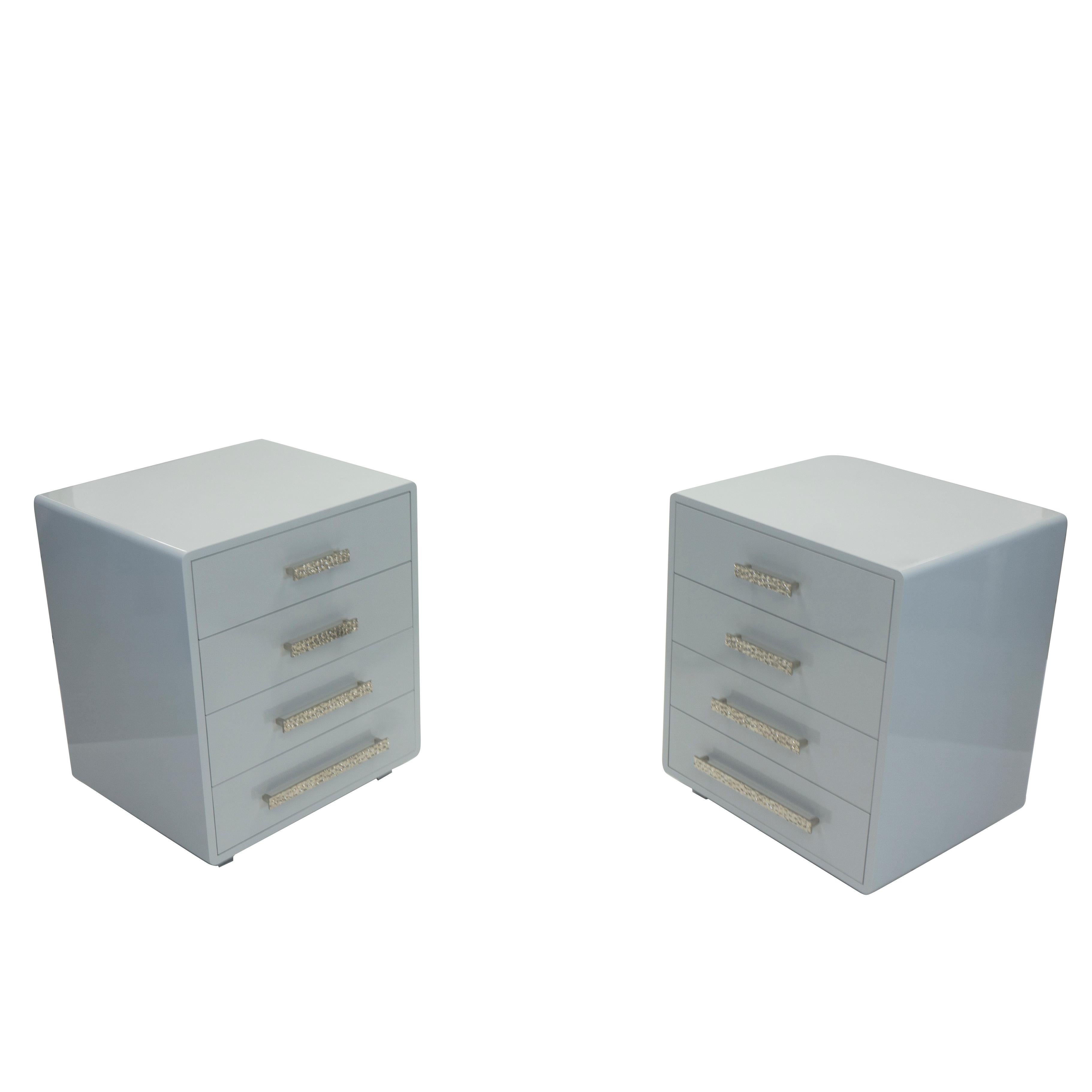 Lacquered Modern Bedside Tables with Four Drawers and Specialty Hardware For Sale