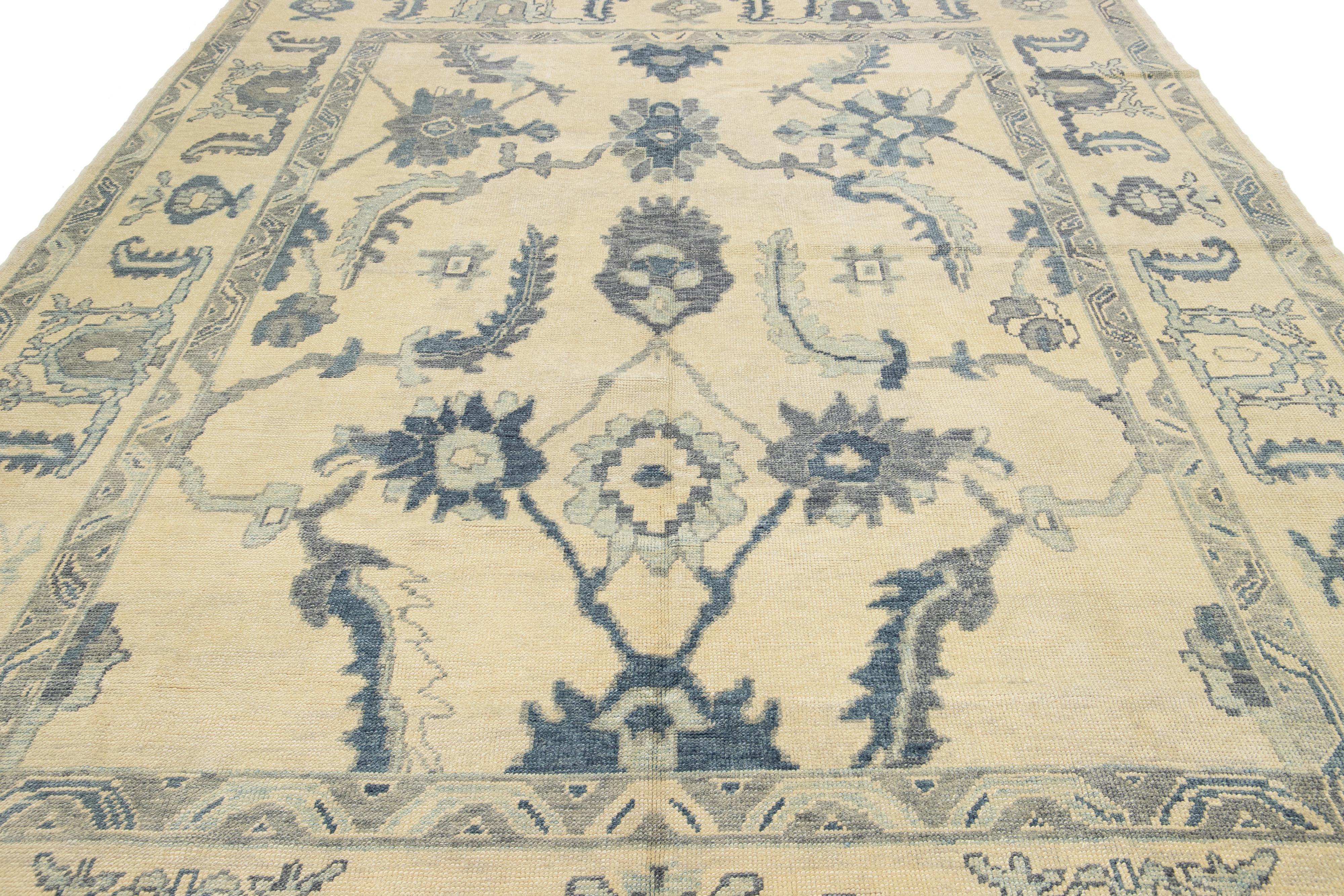 Modern Beige and Blue Turkish Oushak Geometric Floral Handmade Wool Rug For Sale 5
