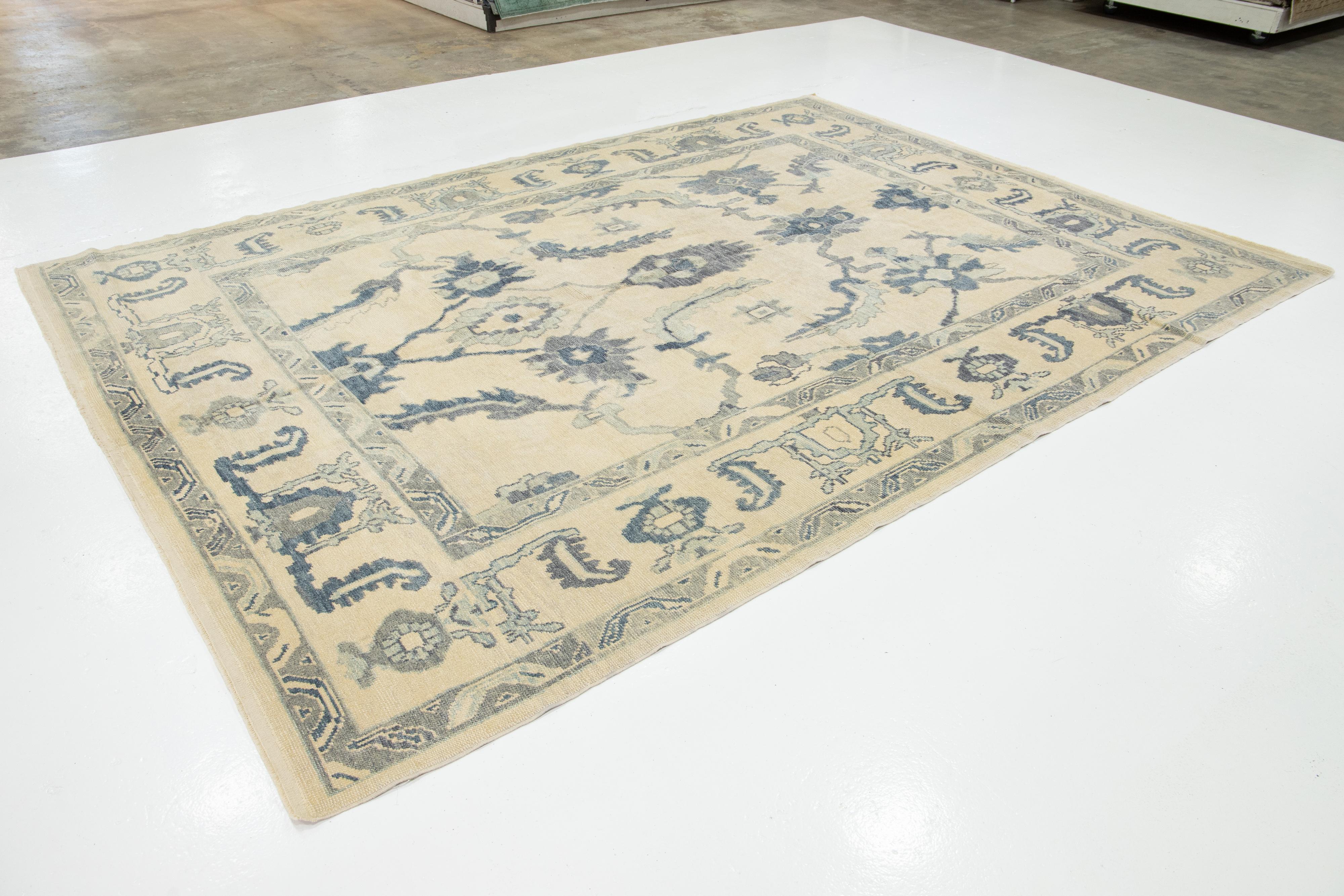 Hand-Knotted Modern Beige and Blue Turkish Oushak Geometric Floral Handmade Wool Rug For Sale