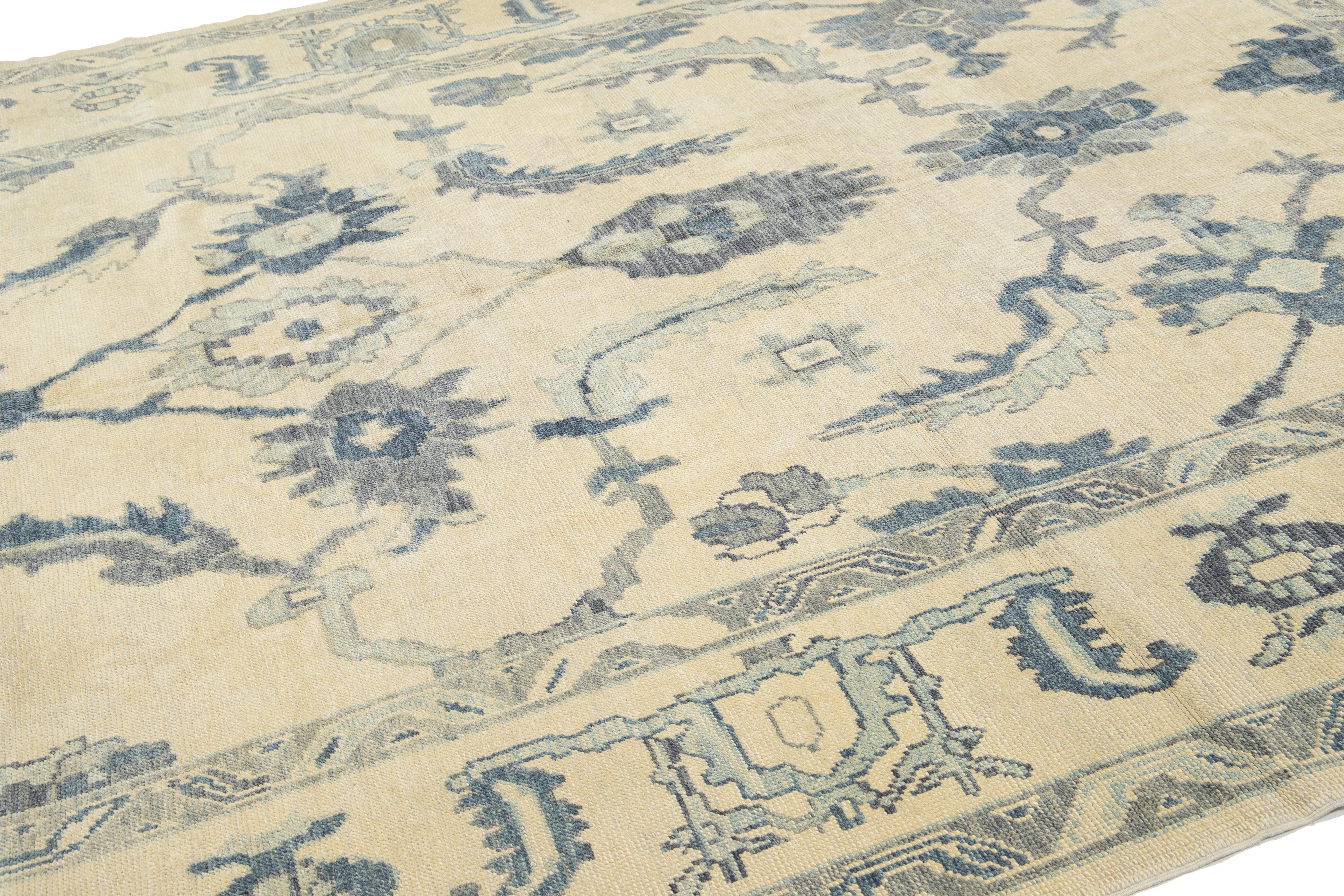 Modern Beige and Blue Turkish Oushak Geometric Floral Handmade Wool Rug In New Condition For Sale In Norwalk, CT