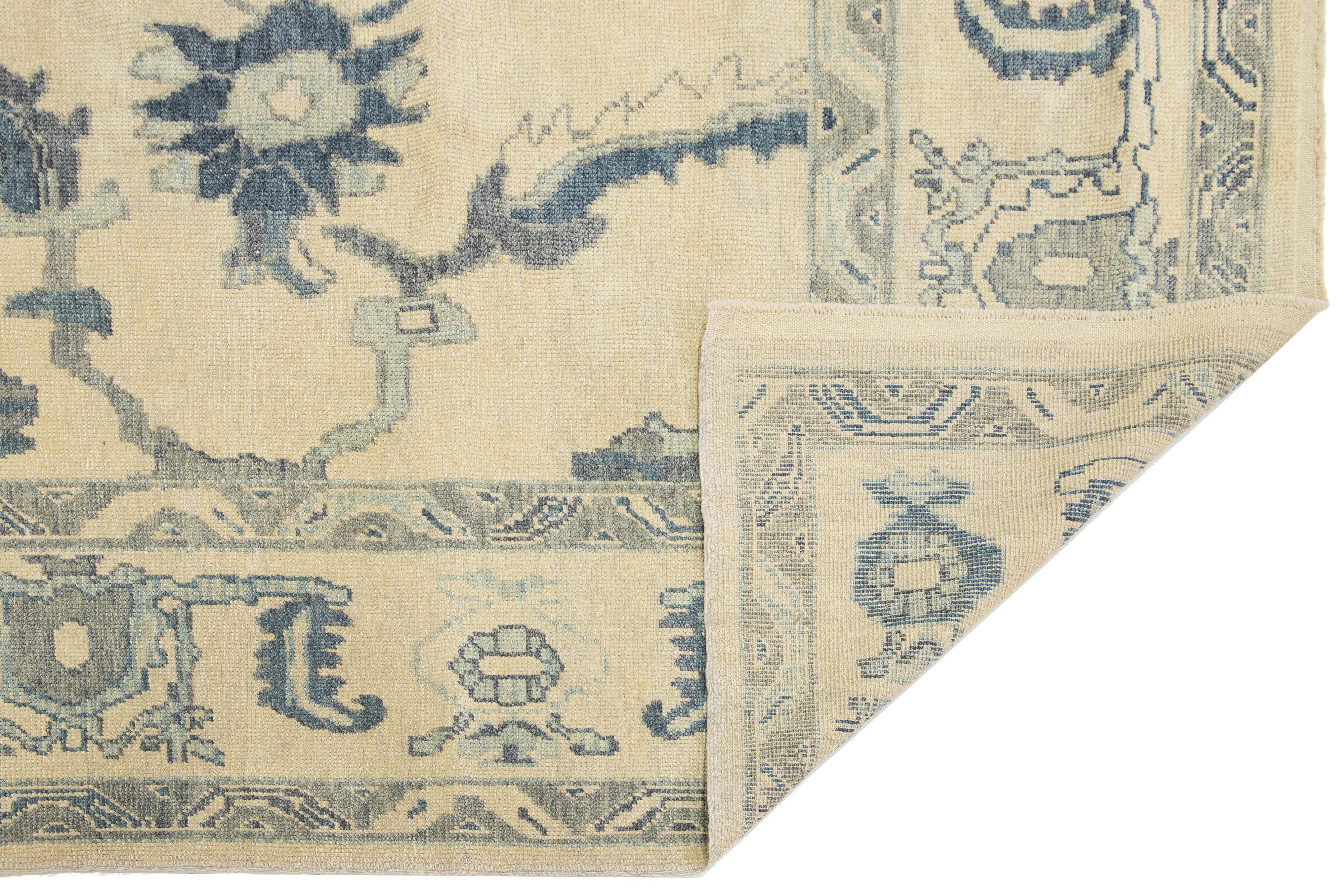 Contemporary Modern Beige and Blue Turkish Oushak Geometric Floral Handmade Wool Rug For Sale
