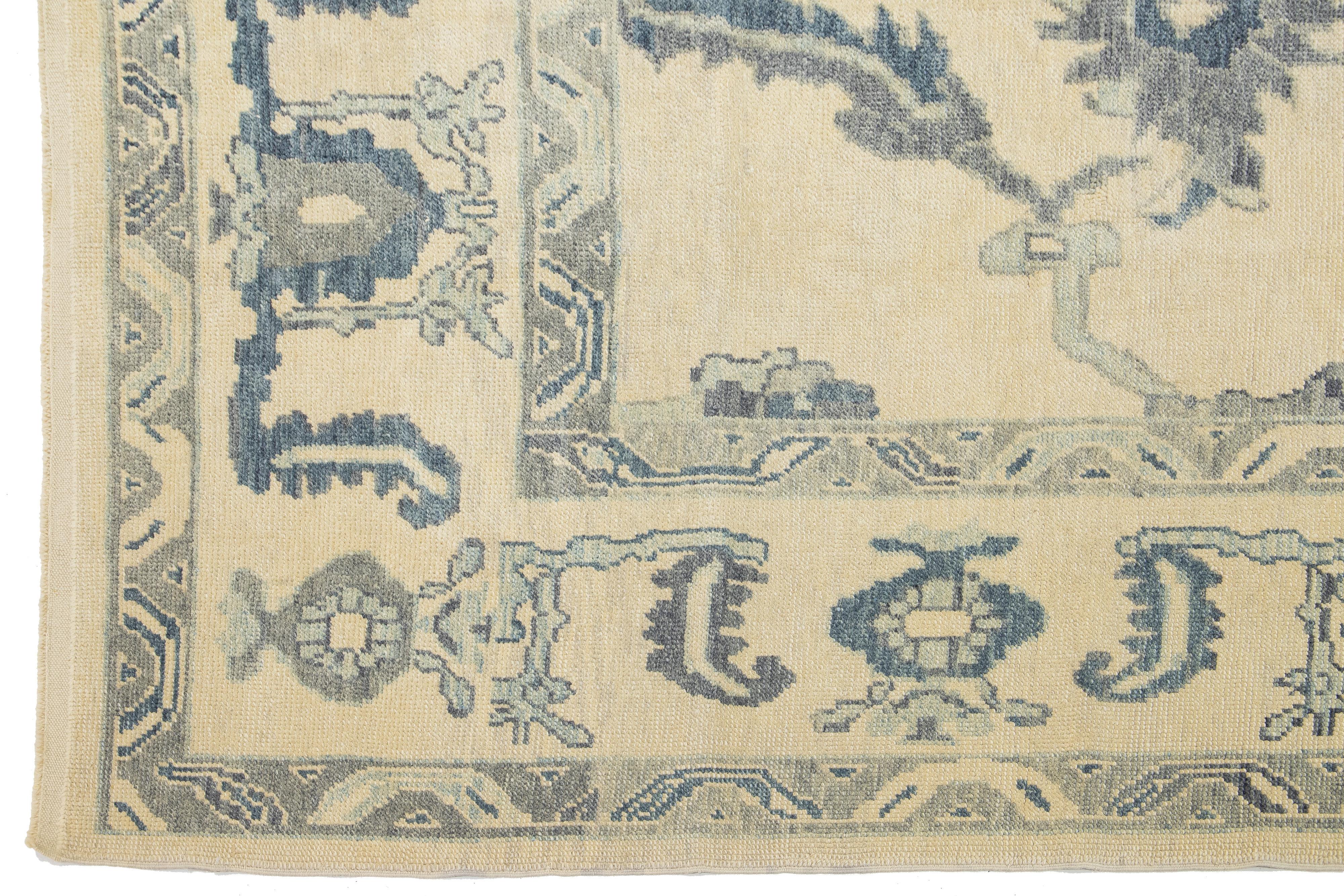 Modern Beige and Blue Turkish Oushak Geometric Floral Handmade Wool Rug For Sale 1