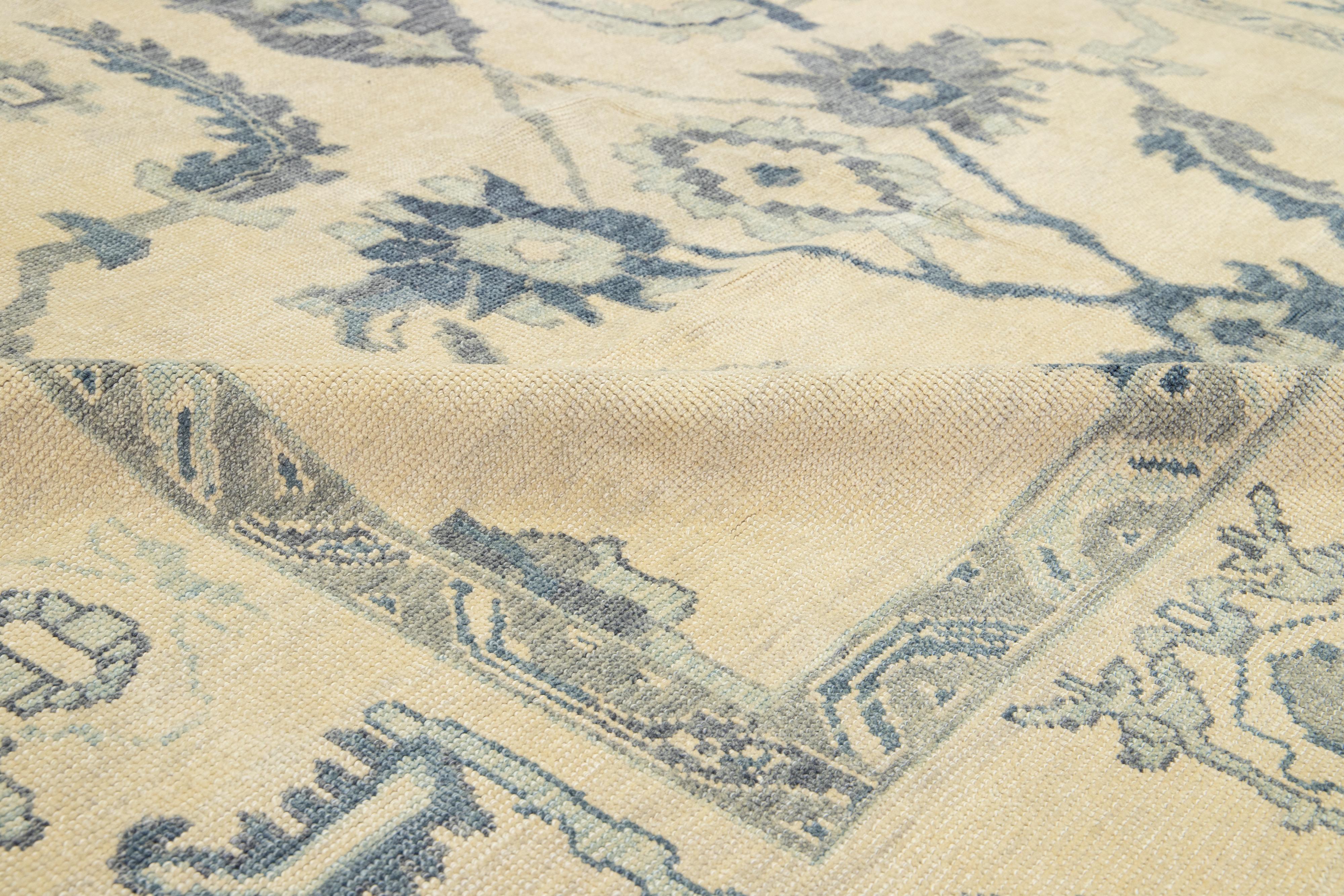 Modern Beige and Blue Turkish Oushak Geometric Floral Handmade Wool Rug For Sale 2