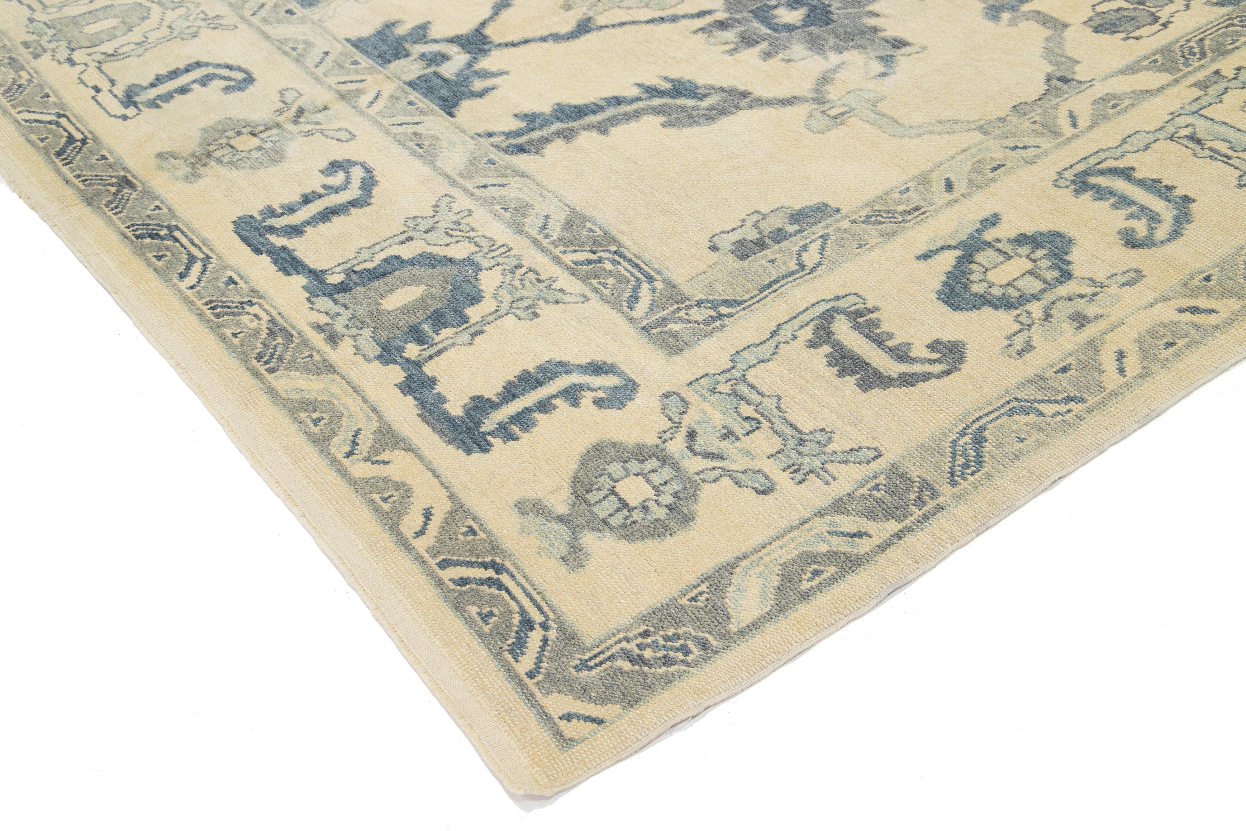 Modern Beige and Blue Turkish Oushak Geometric Floral Handmade Wool Rug For Sale 3