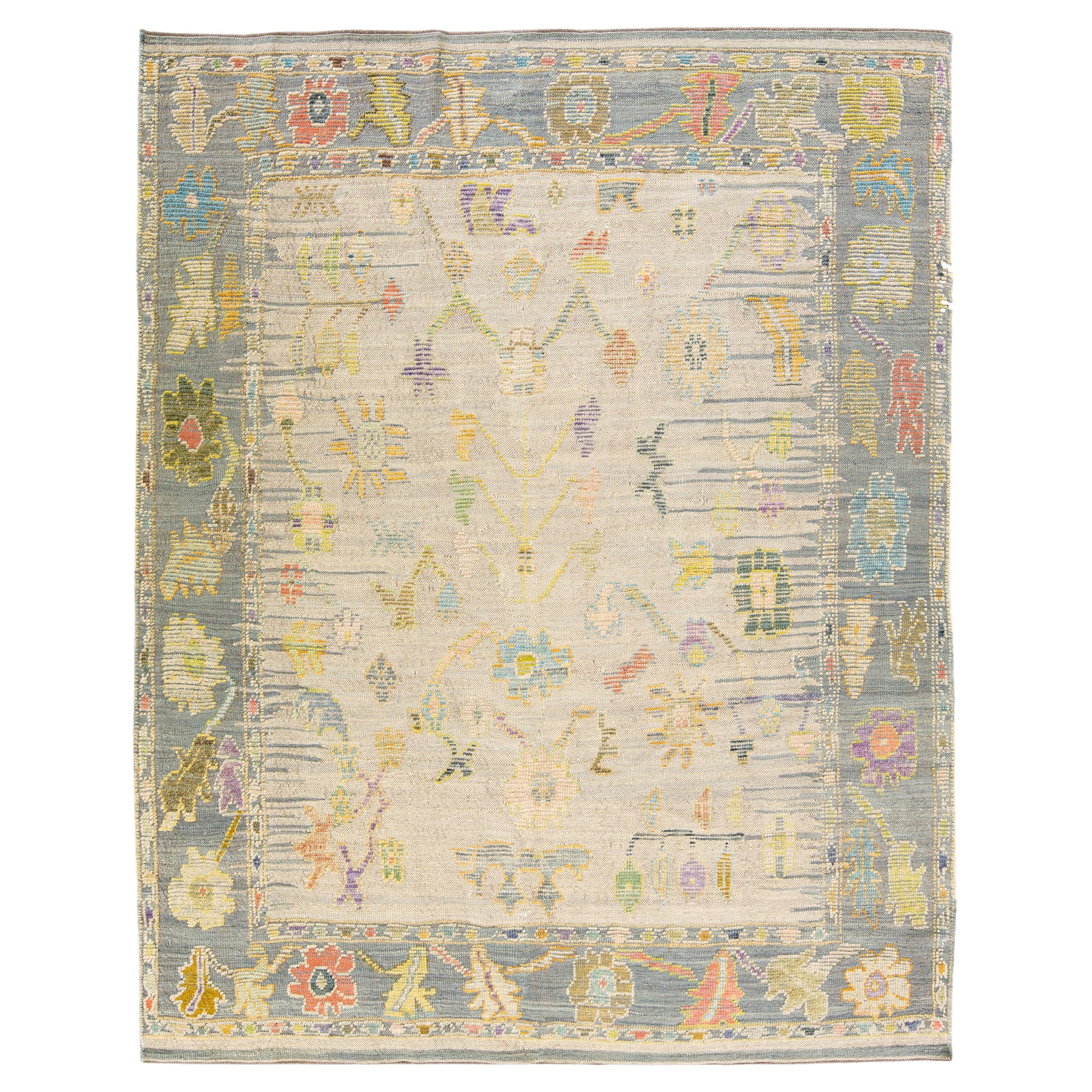 Modern Beige and Gray Turkish Oushak Handmade Multicolor Pattern Wool Rug