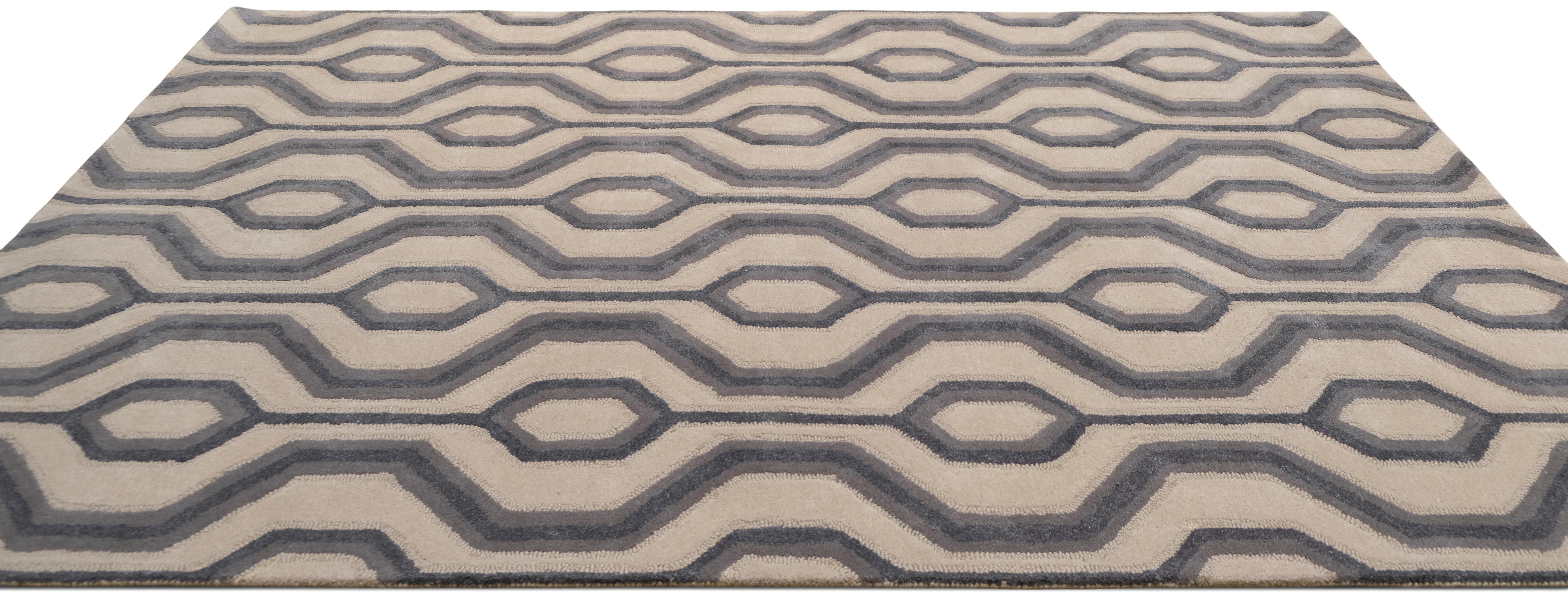 Asian Modern Beige and Grey Patterned Wool Rug 6'x9' For Sale