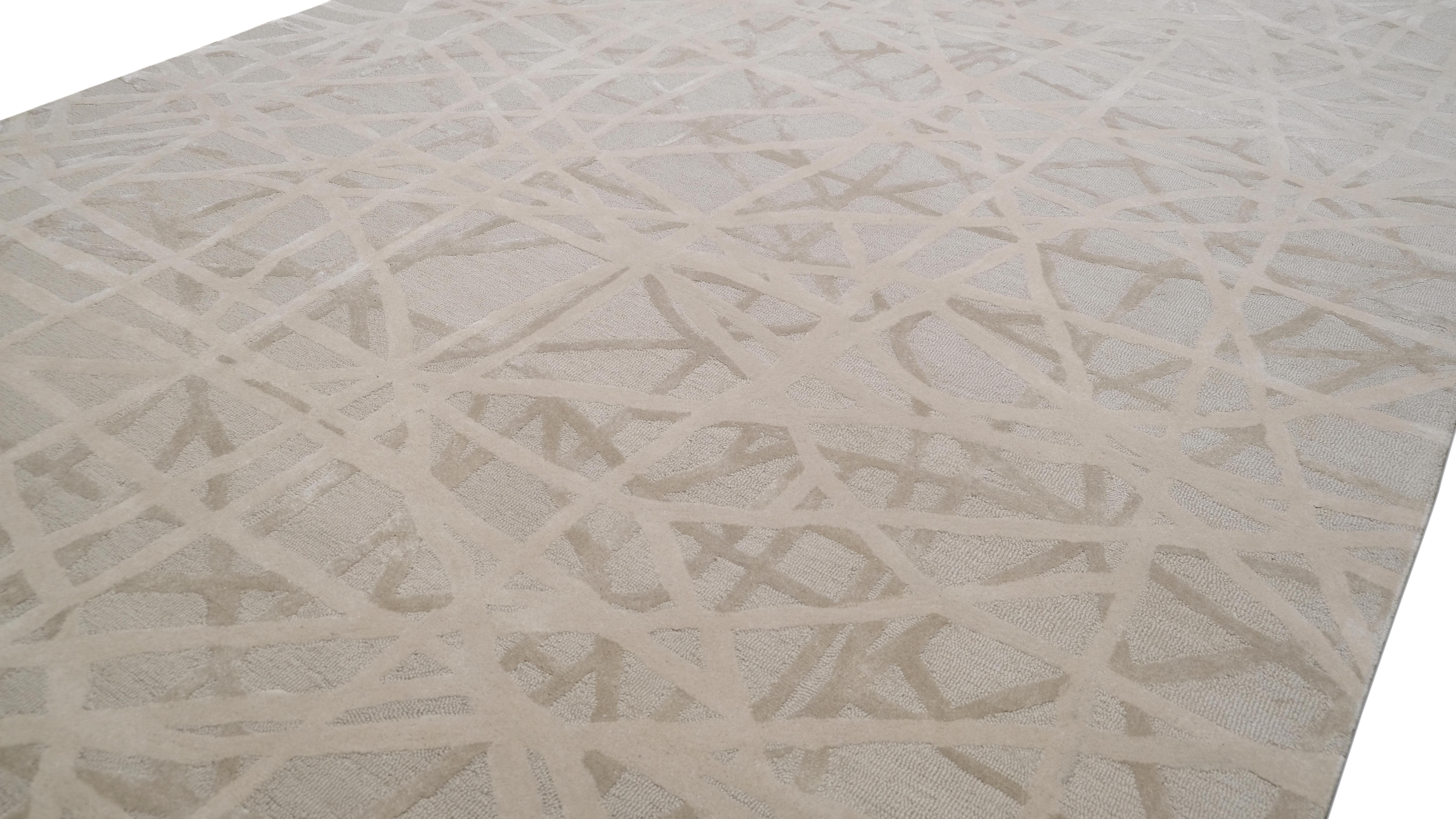 Asian Modern Beige and Ivory Abstract Linear Designed Wool Rug 10'x14' For Sale