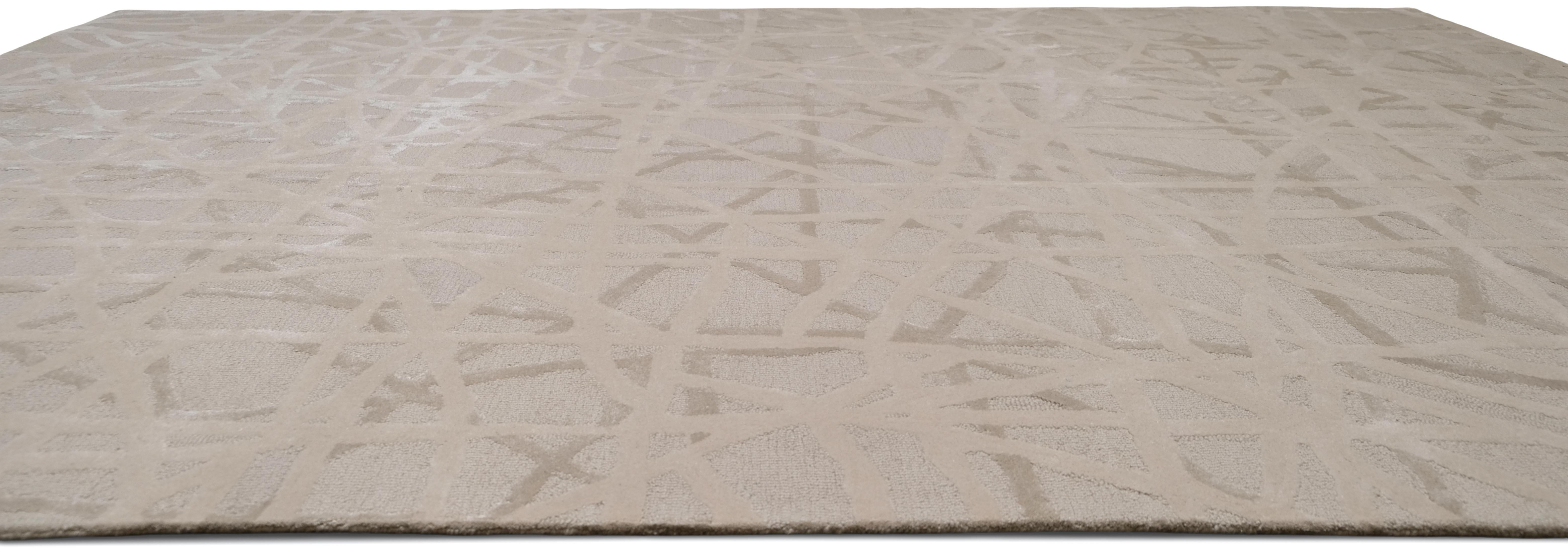 Hand-Crafted Modern Beige and Ivory Abstract Linear Designed Wool Rug 10'x14' For Sale