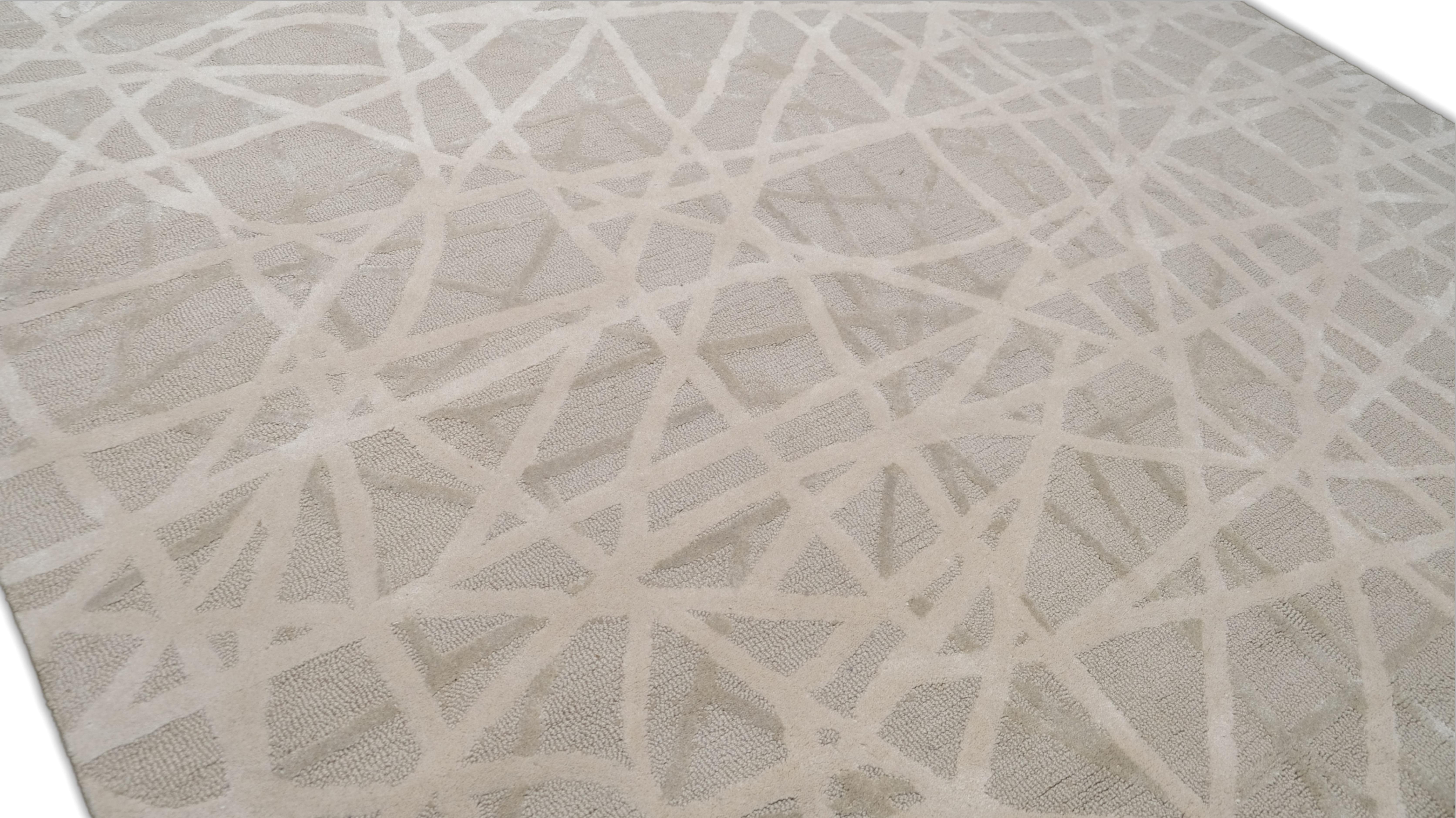 Modern Beige und Elfenbein Abstrakt Linear Designed Wolle Teppich 9'x12' im Angebot 3