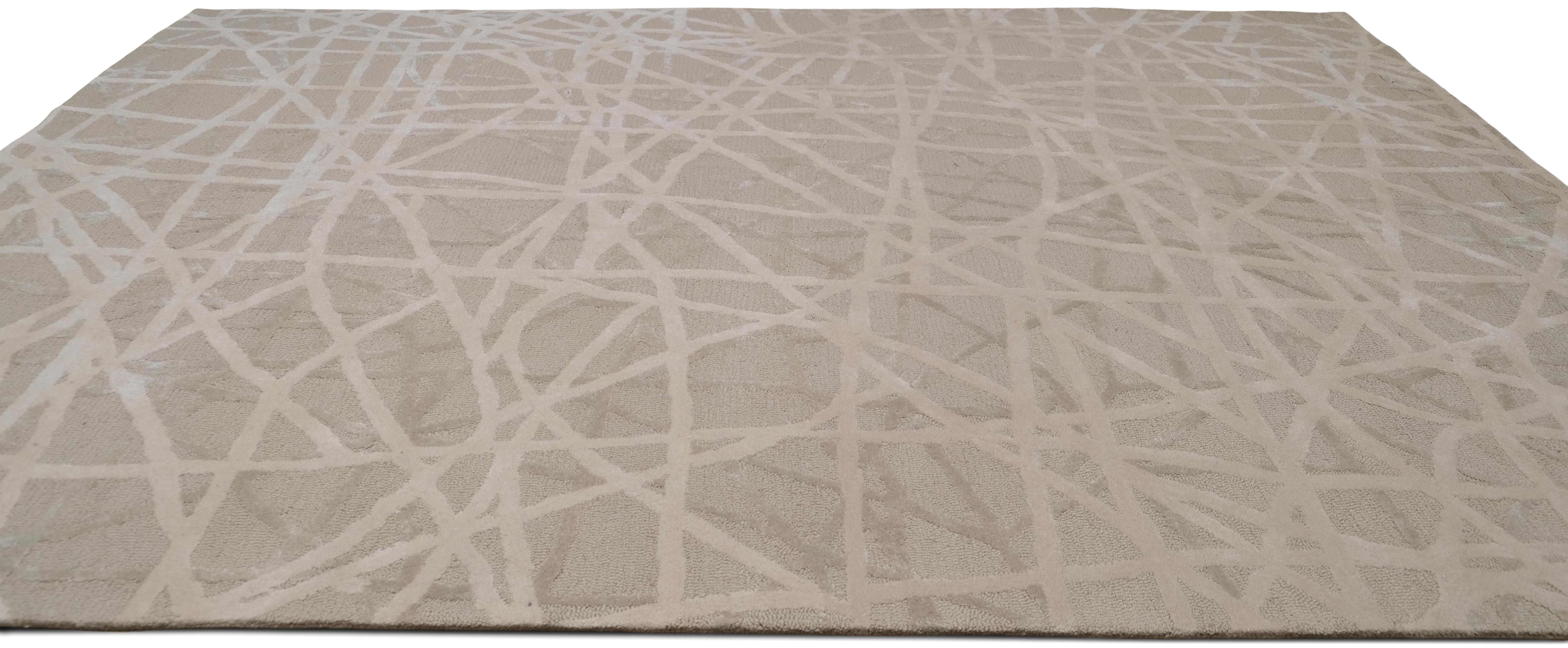 Modern Beige und Elfenbein Abstrakt Linear Designed Wolle Teppich 9'x12' (Moderne) im Angebot