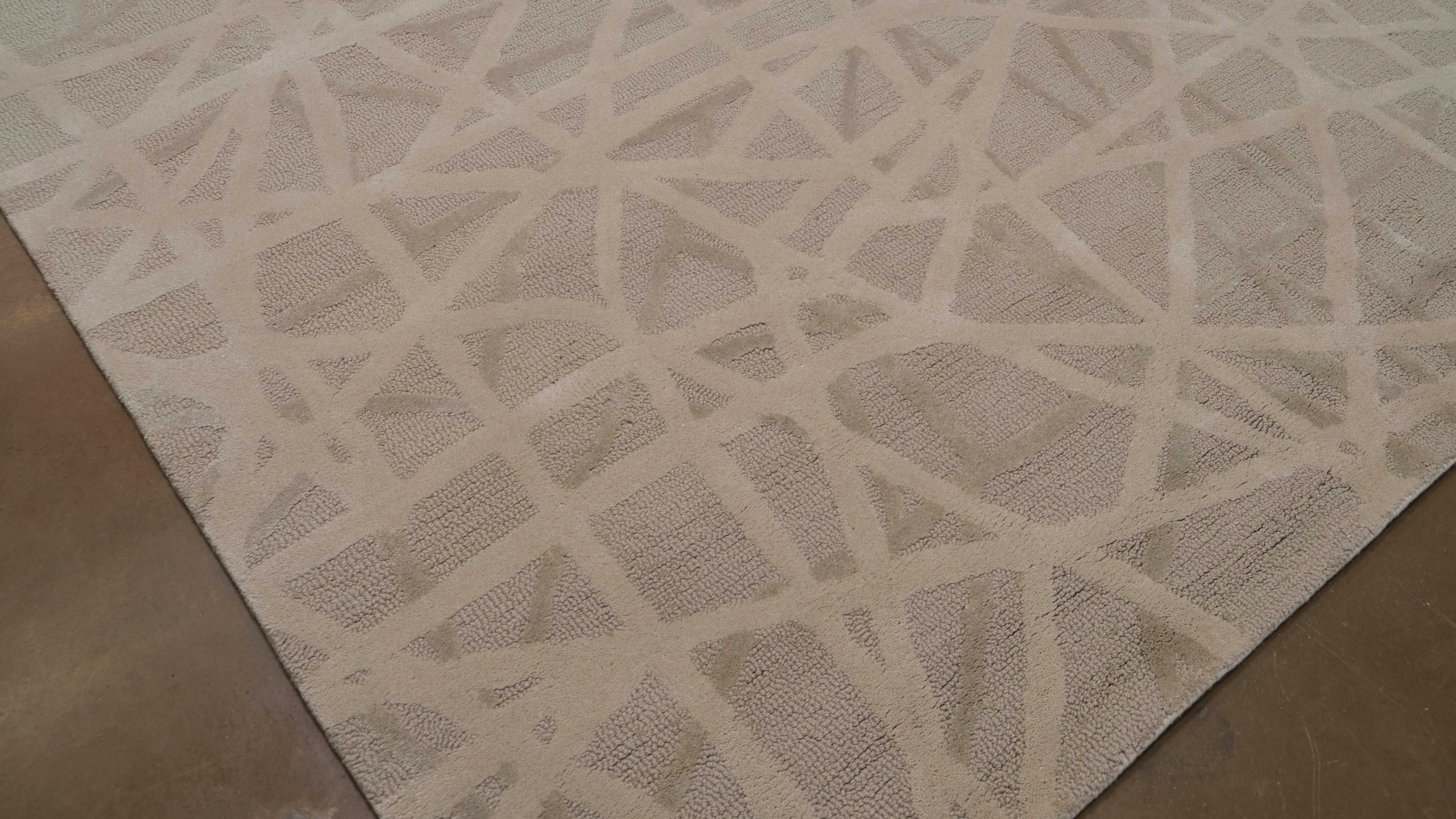 Modern Beige und Elfenbein Abstrakt Linear Designed Wolle Teppich 9'x12' (Asiatisch) im Angebot