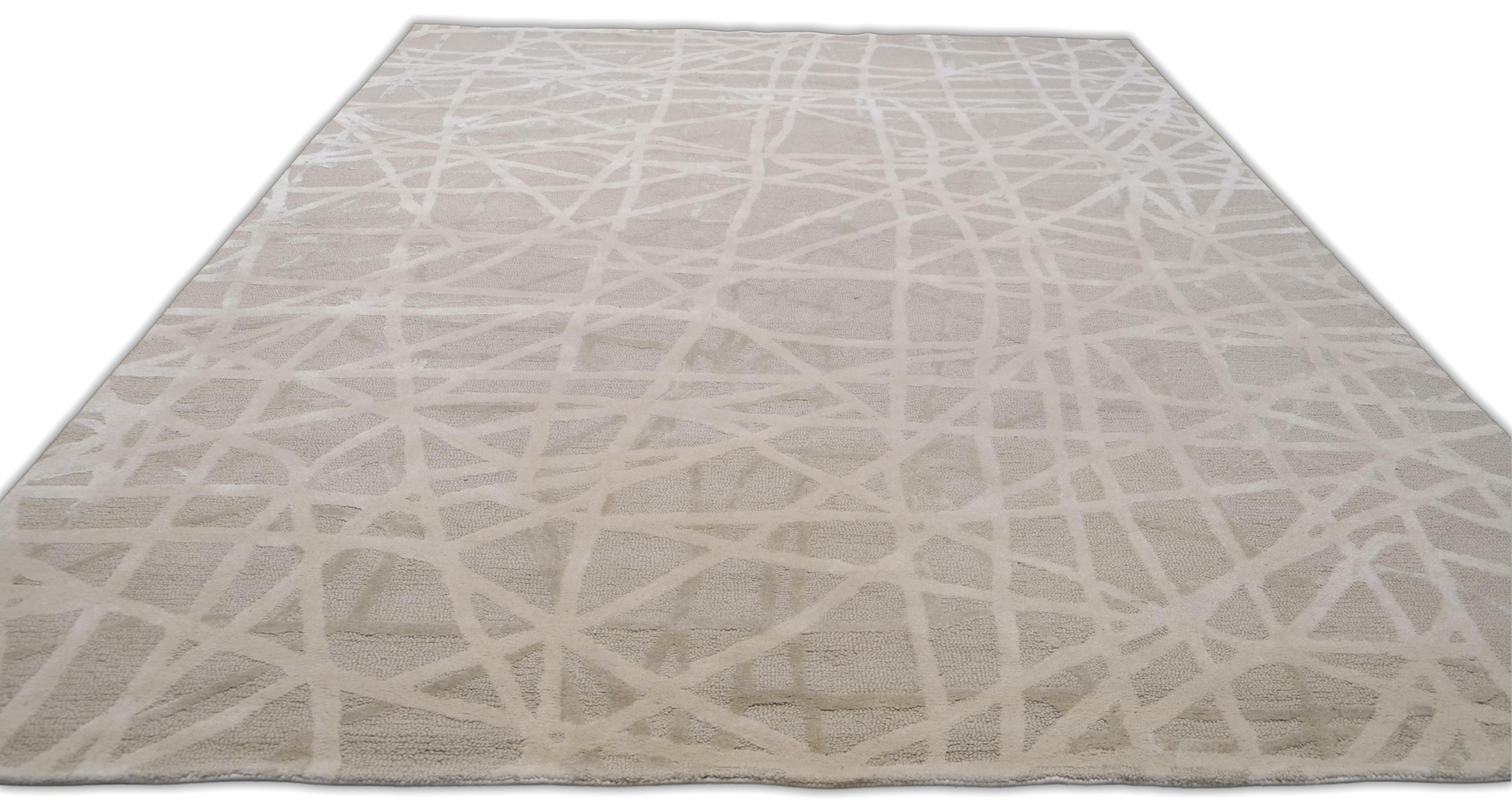 Modern Beige und Elfenbein Abstrakt Linear Designed Wolle Teppich 9'x12' im Zustand „Neu“ im Angebot in Torrance, CA