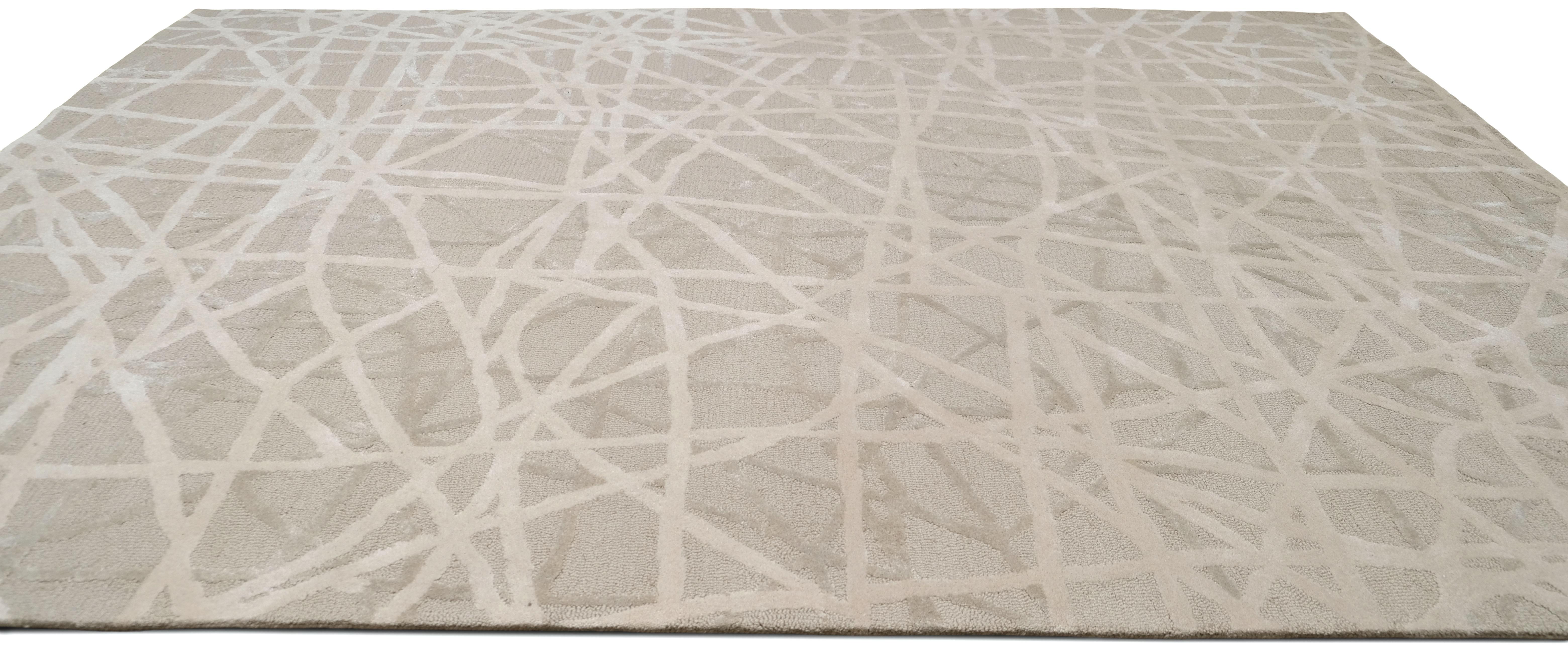 Modern Beige und Elfenbein Abstrakt Linear Designed Wolle Teppich 9'x12' im Angebot 1