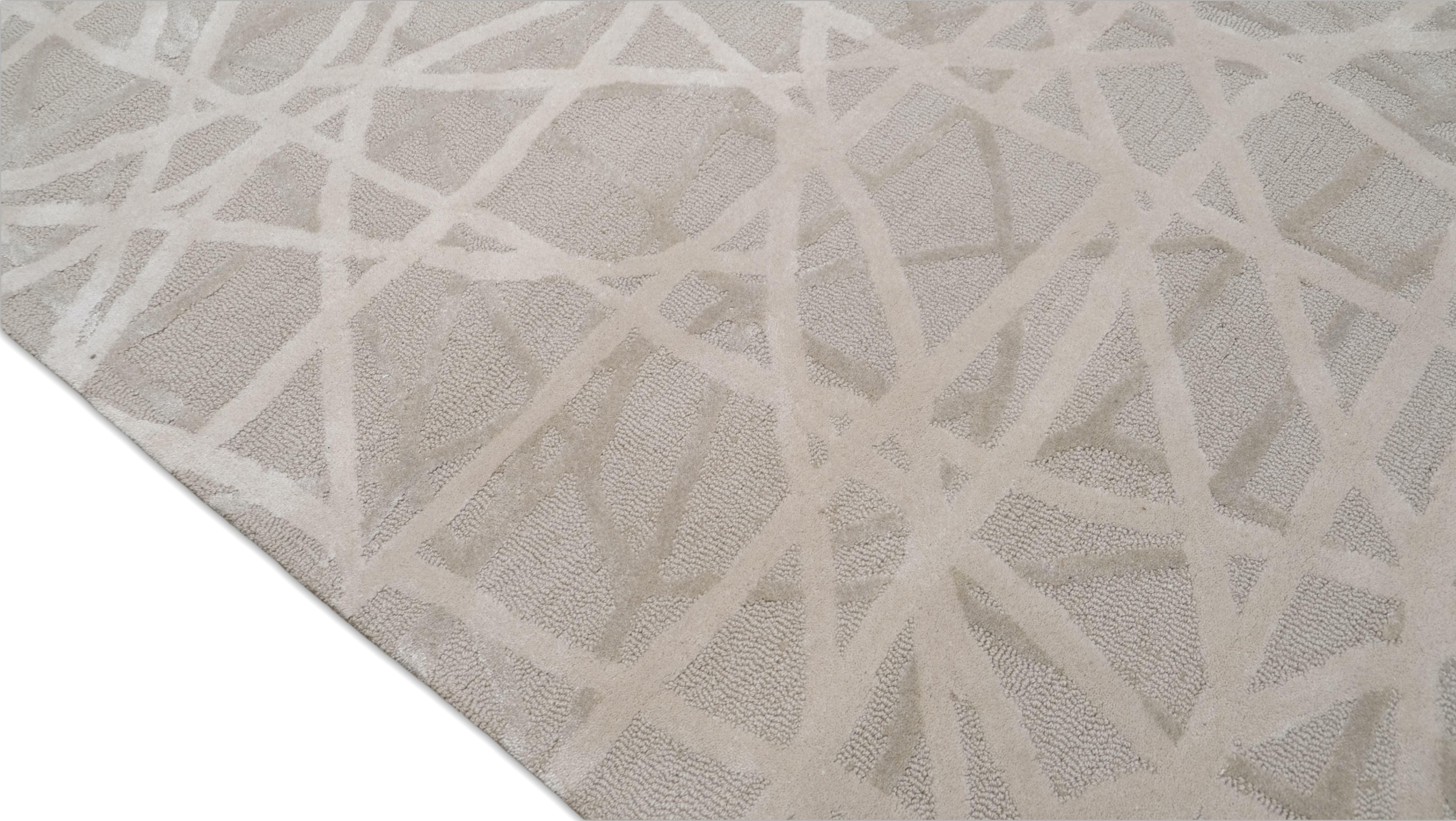 Modern Beige und Elfenbein Abstrakt Linear Designed Wolle Teppich 9'x12' im Angebot 2