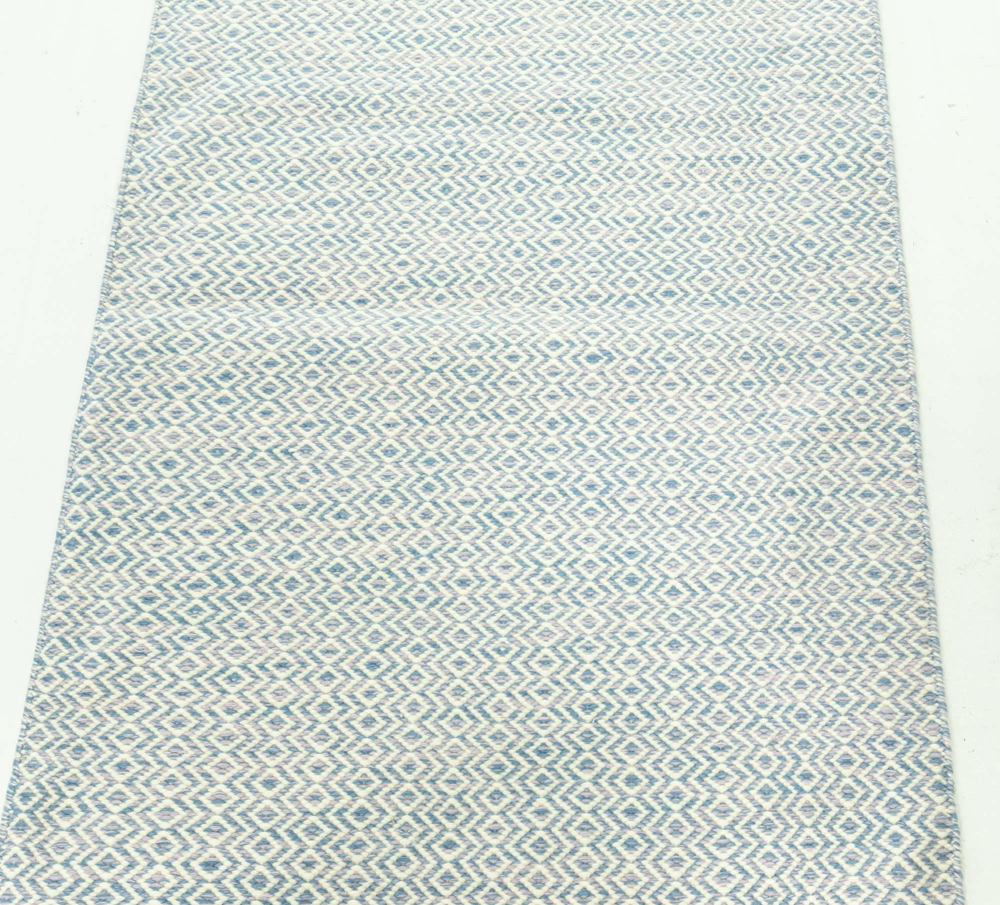 Hand-Woven Modern Beige Blue Flat Weave Wool Runner by Doris Leslie Blau For Sale