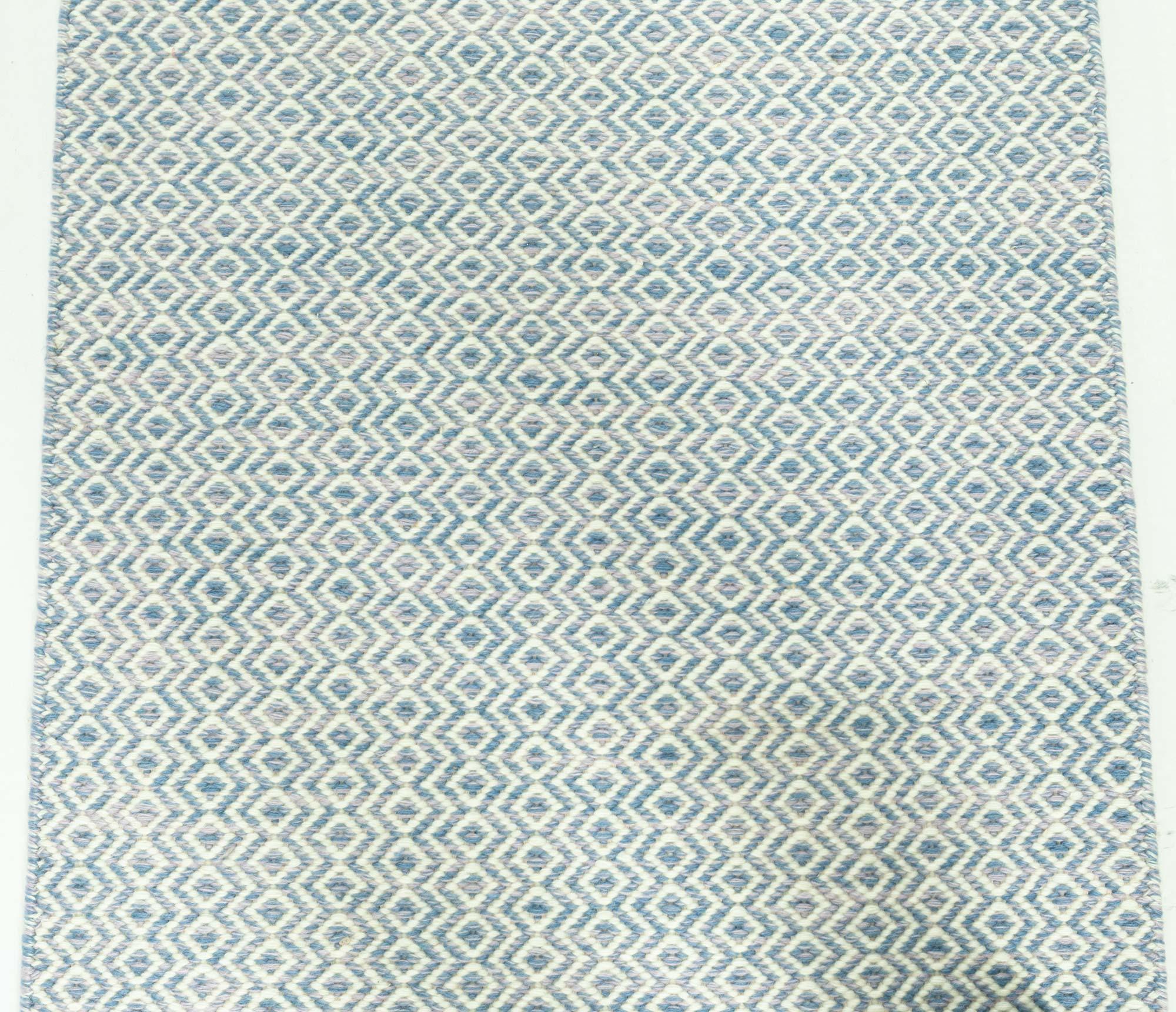 Contemporary Modern Beige Blue Flat Weave Wool Runner by Doris Leslie Blau For Sale