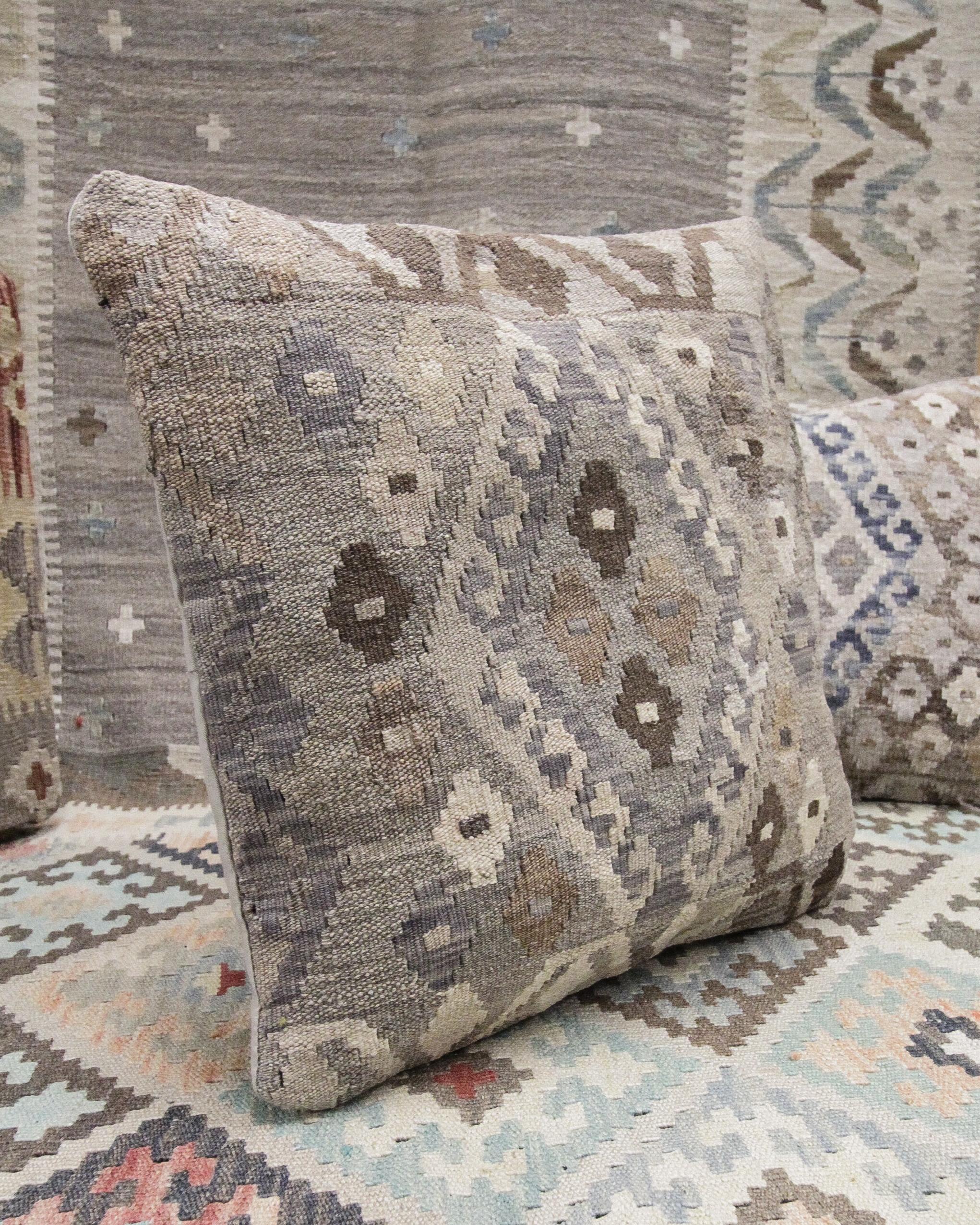 Contemporary Modern Beige Brown Cushion Cover Kilim Handmade Wool Scatter Pillow