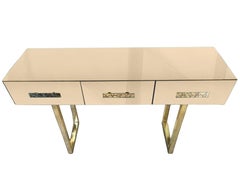 Modern Beige Console Table with Murano Mirror Glass and Brass Features Available