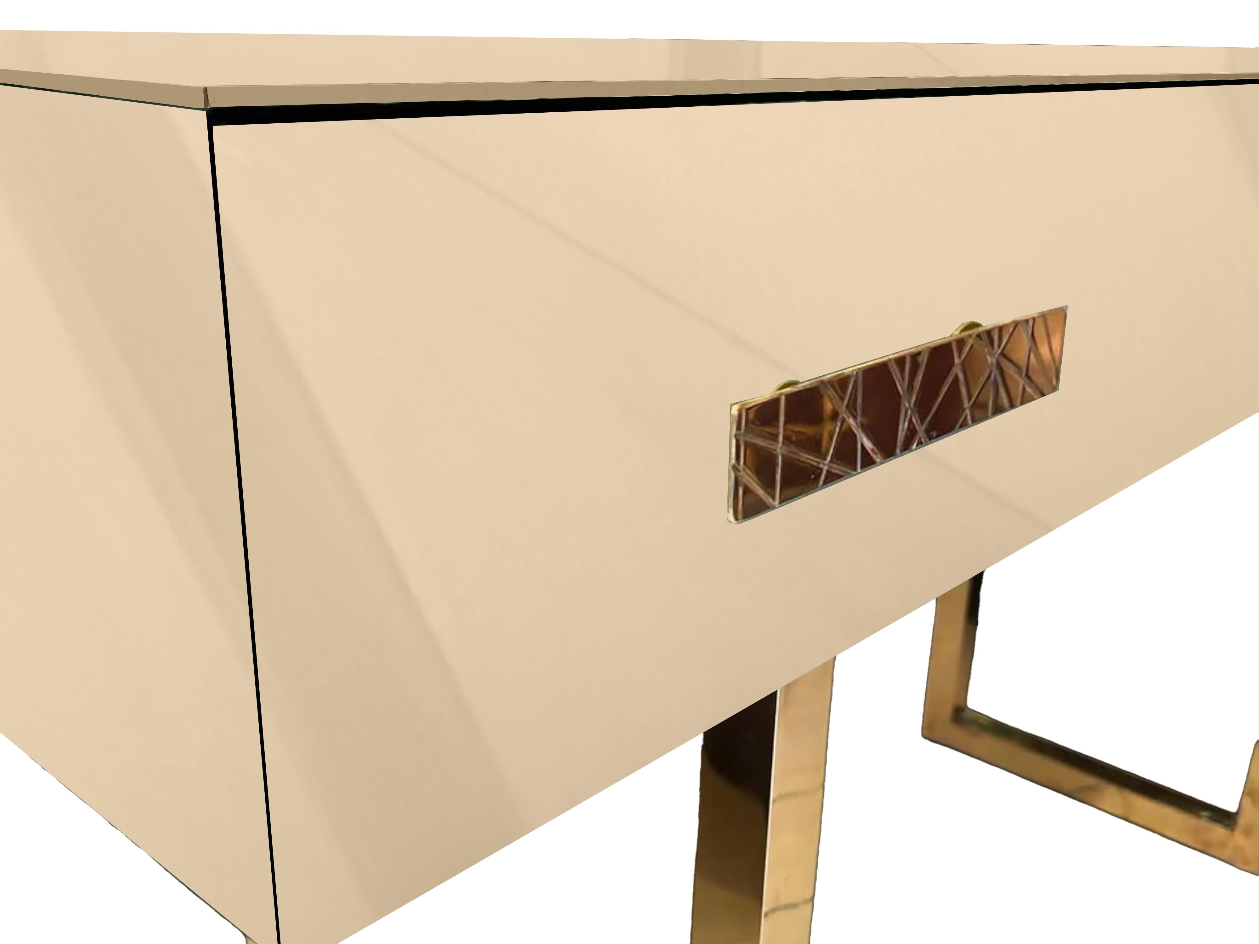 Mid-Century Modern Modern Beige Console Table with Murano Mirror Glass and Brass Features Available For Sale