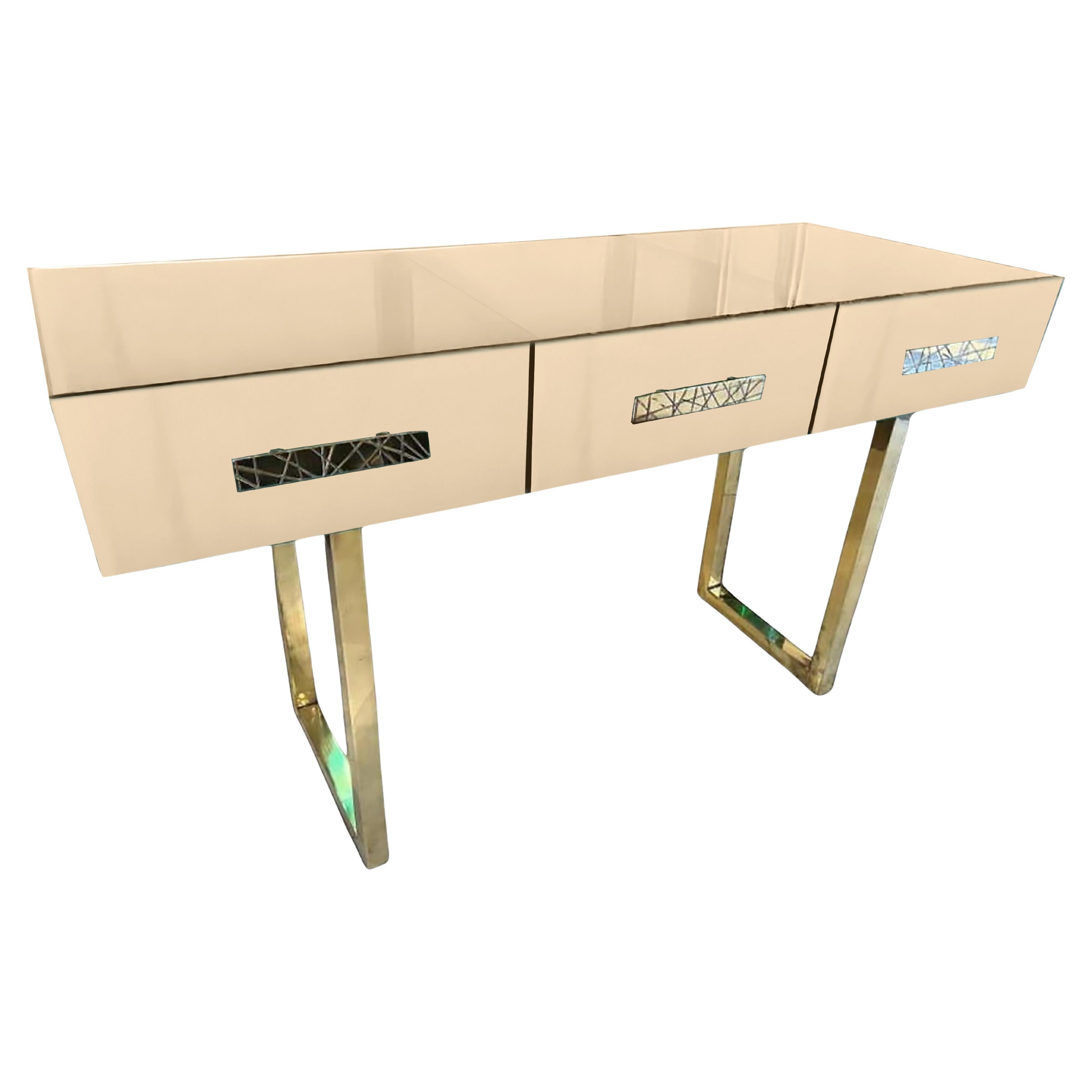 Modern Beige Console Table with Murano Mirror Glass and Brass Features Available