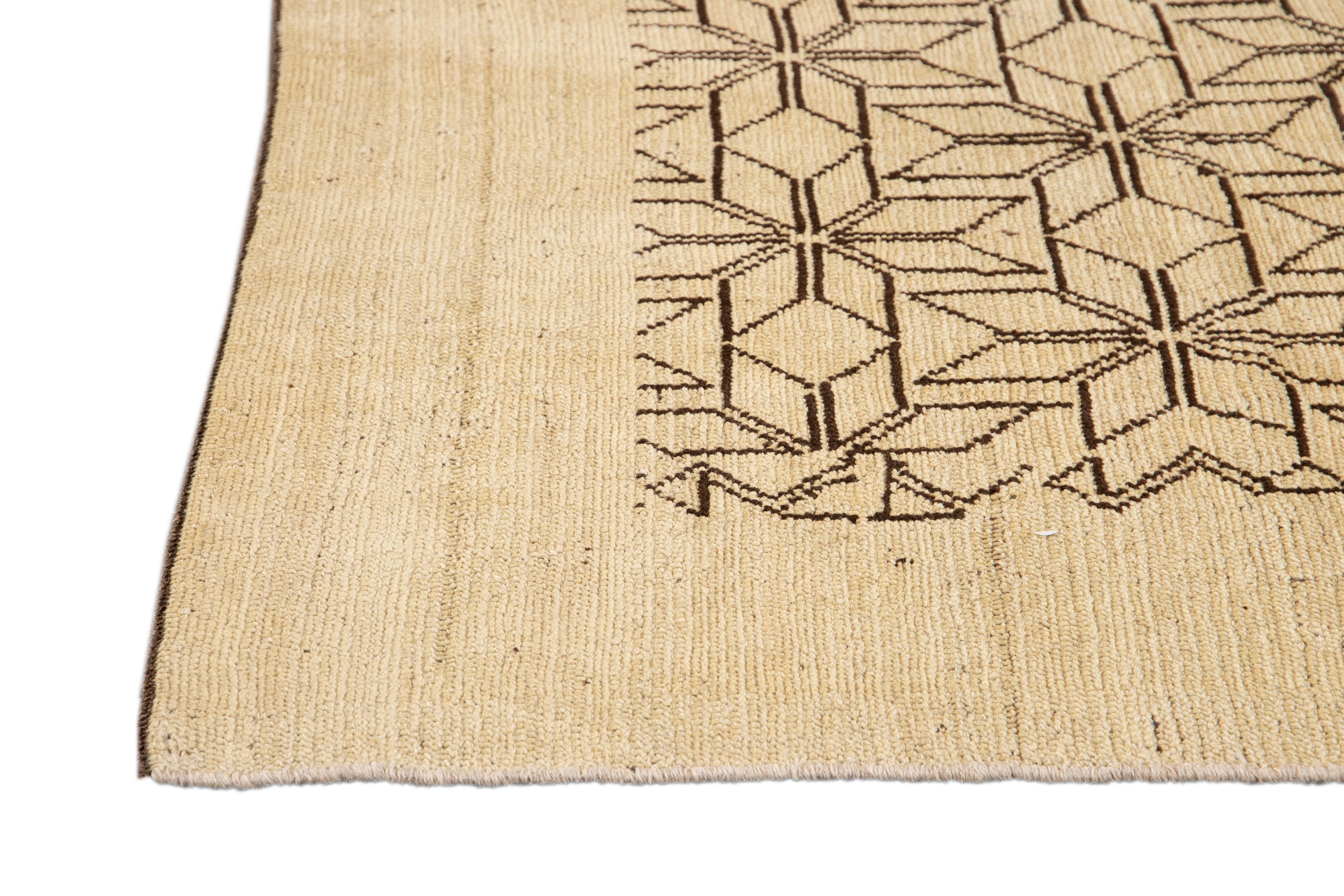 Afghan Modern Beige Deco Style Handmade Geometric Floral Wool Rug For Sale